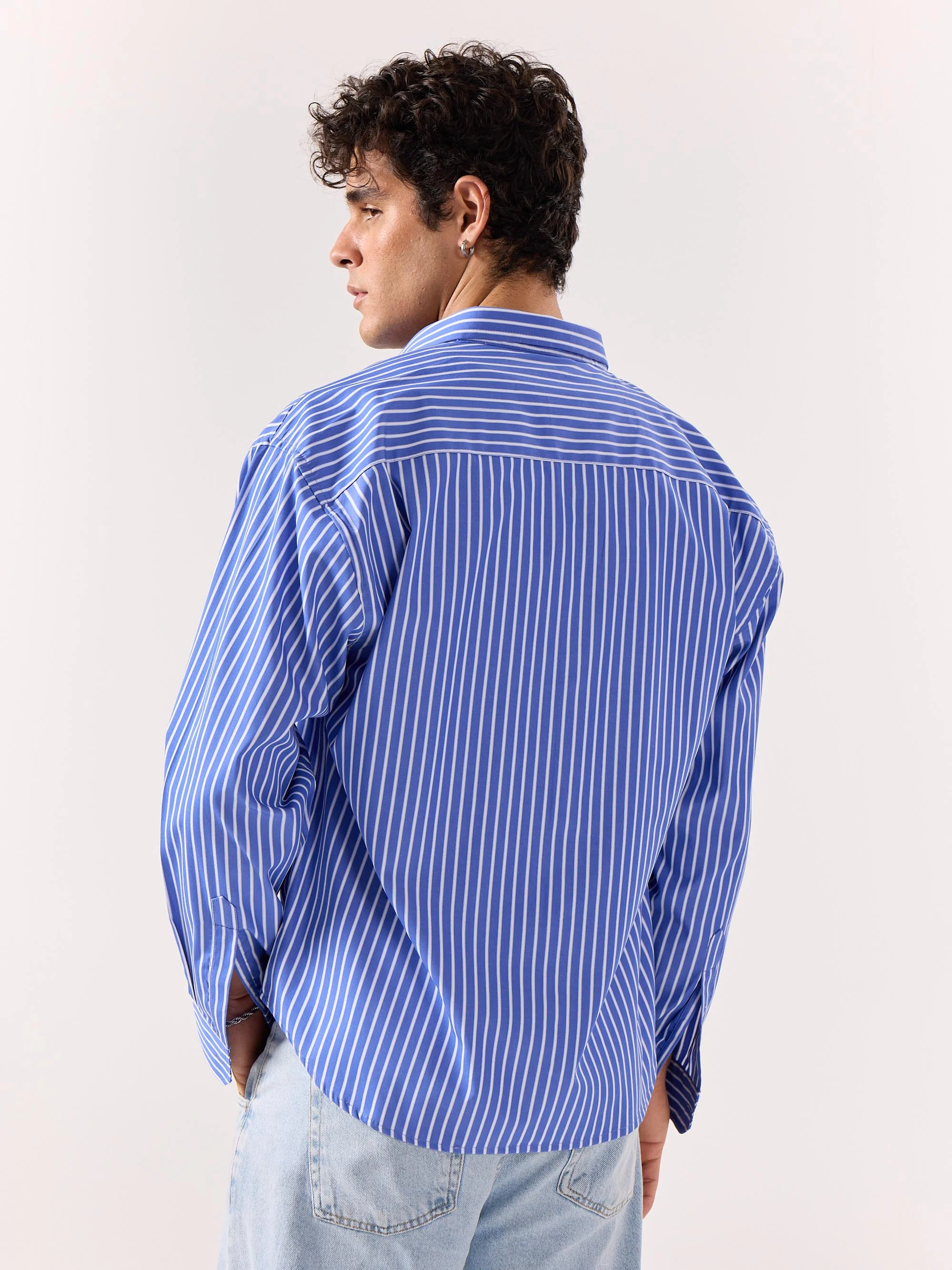 Royal Blue Striped Poplin Oversized Shirt - Image 8