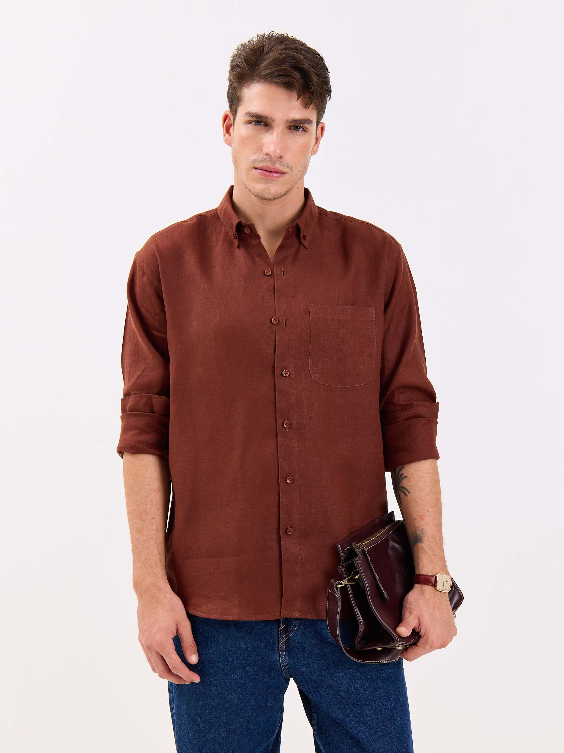 Rust Brown Irish Linen Shirt - Image 2
