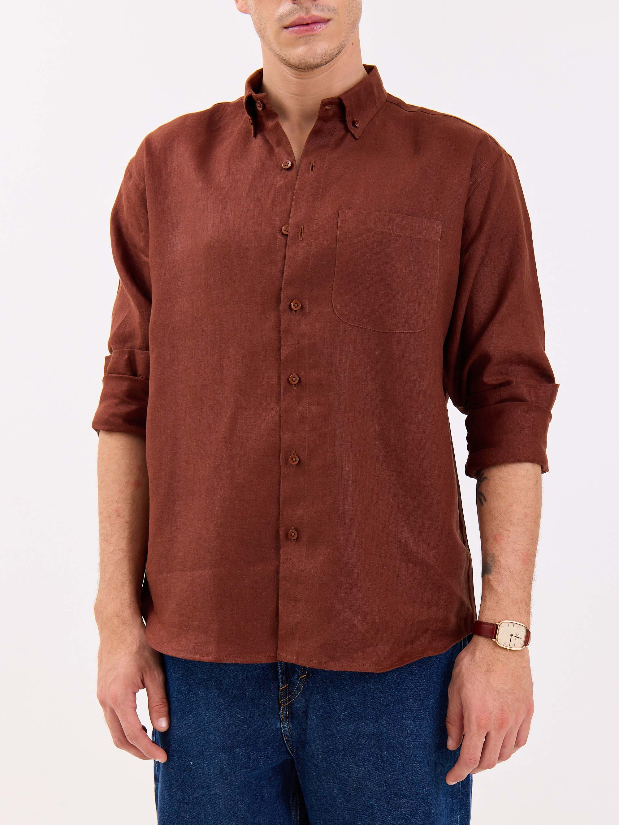Rust Brown Irish Linen Shirt - Image 3