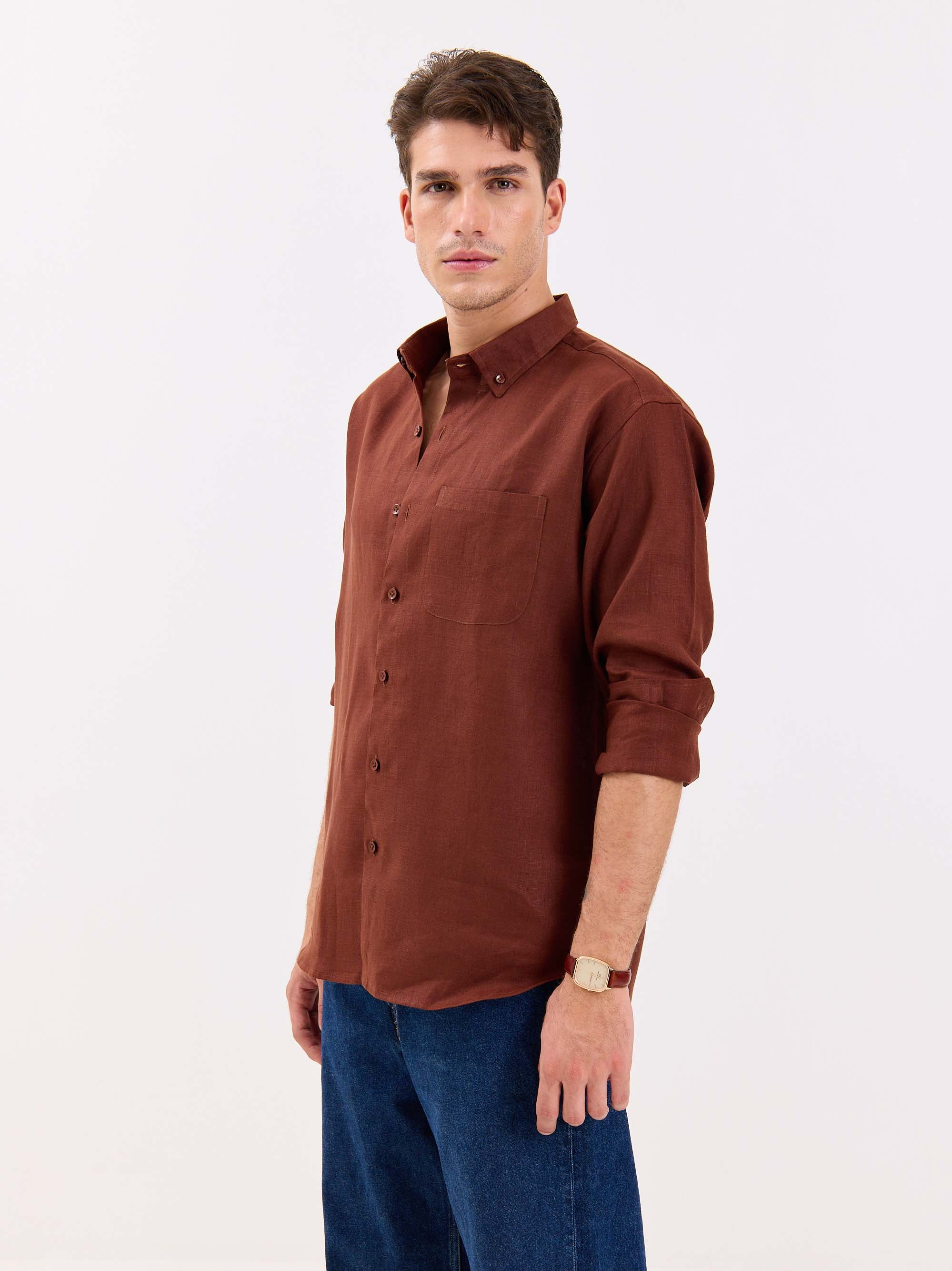 Rust Brown Irish Linen Shirt - Image 6
