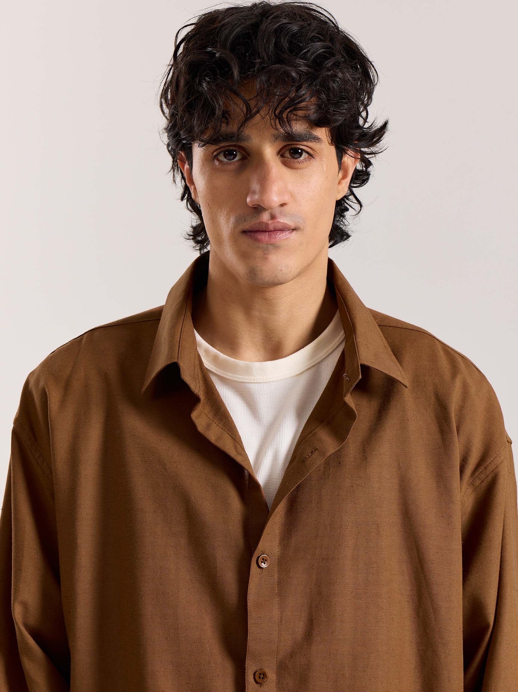 Rust Brown Linen Cropped Shirt - Image 3