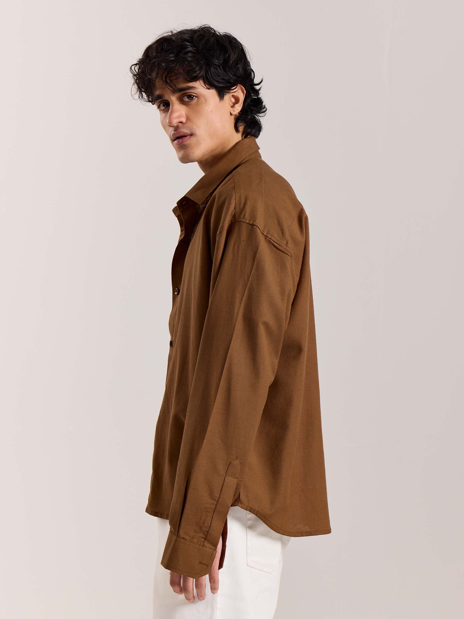 Rust Brown Linen Cropped Shirt - Image 5