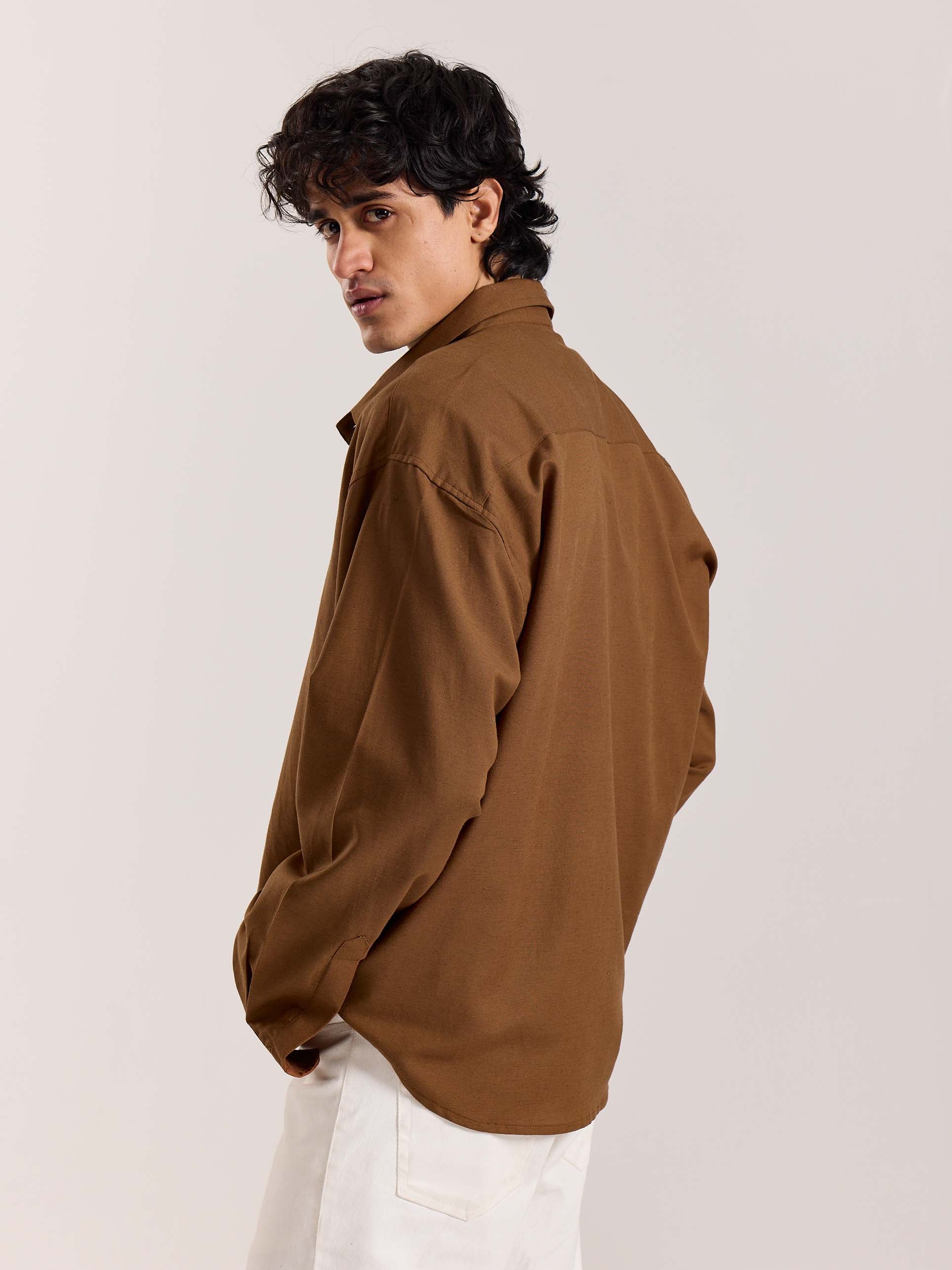 Rust Brown Linen Cropped Shirt - Image 6