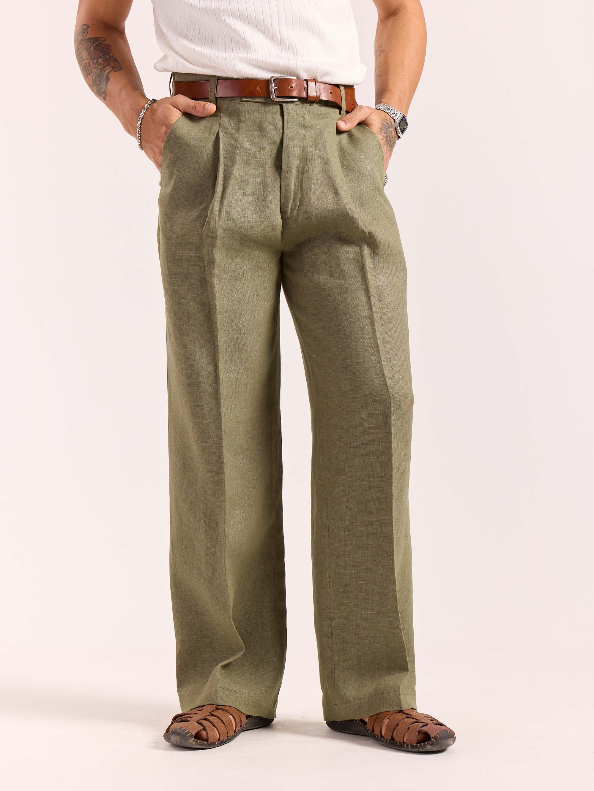 Sage Green Linen Baggy Fit Trousers - Image 3