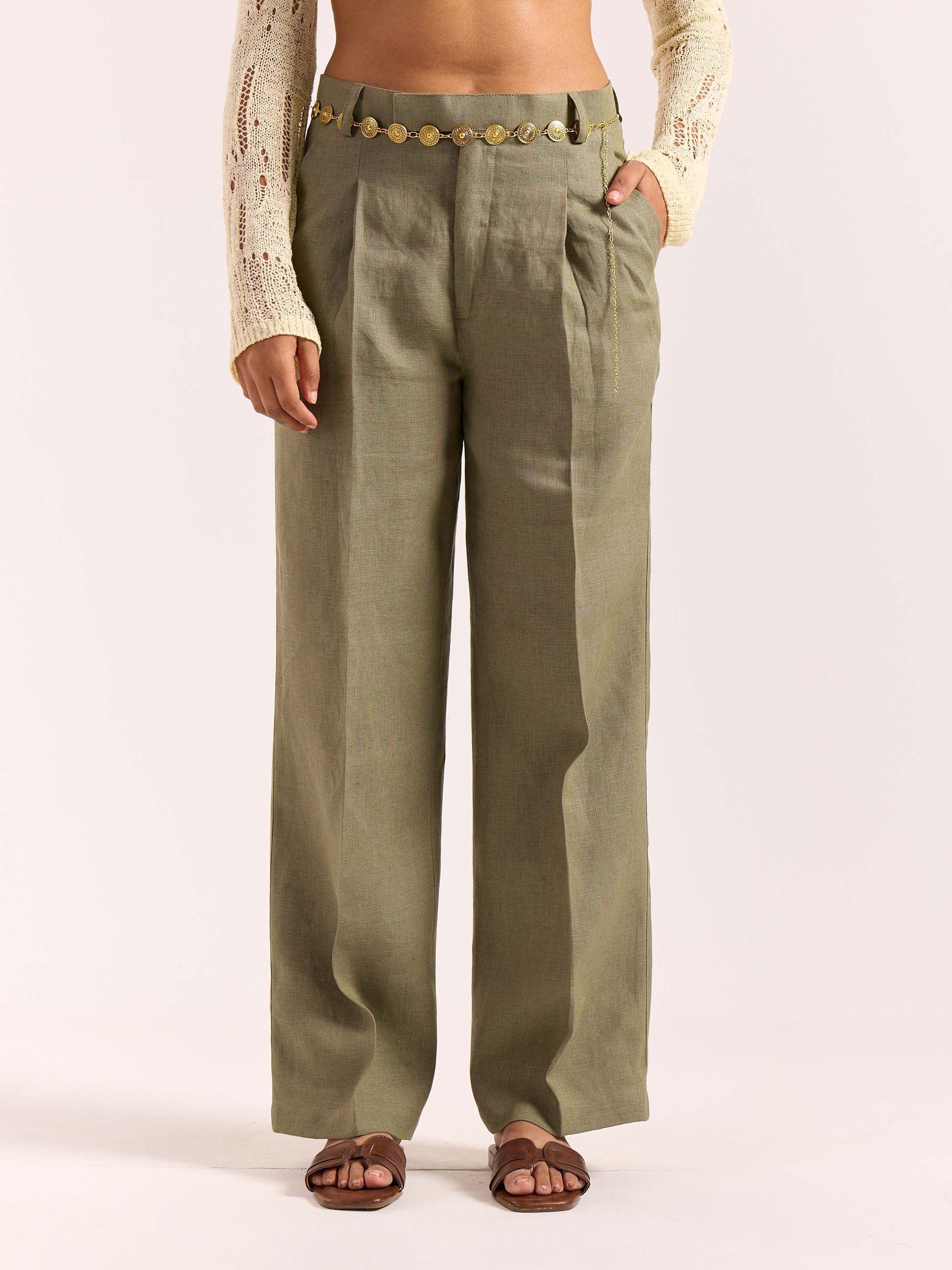 Sage Green Linen Baggy Fit Trousers - Image 4