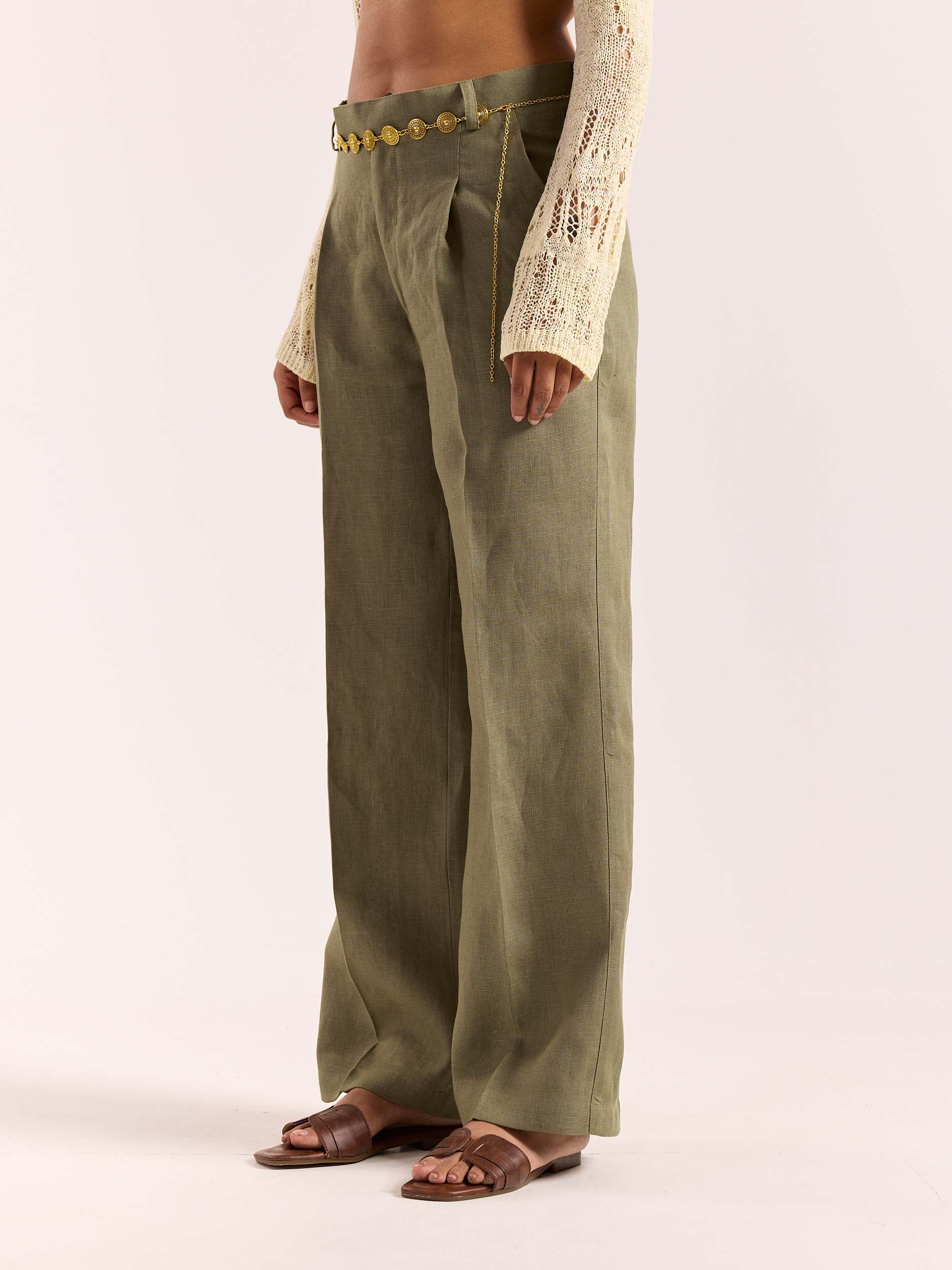 Sage Green Linen Baggy Fit Trousers - Image 5