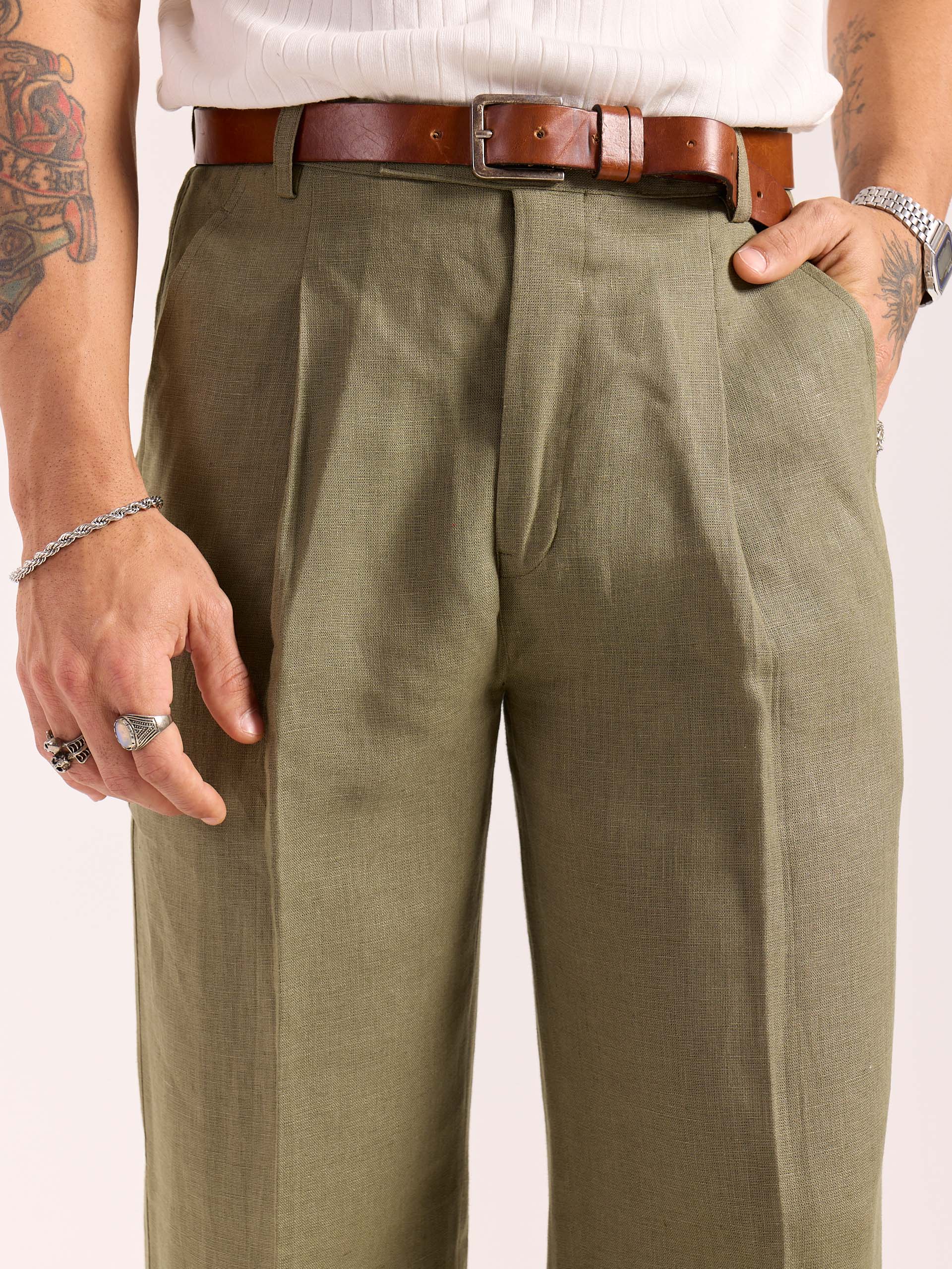 Sage Green Linen Baggy Fit Trousers - Image 6