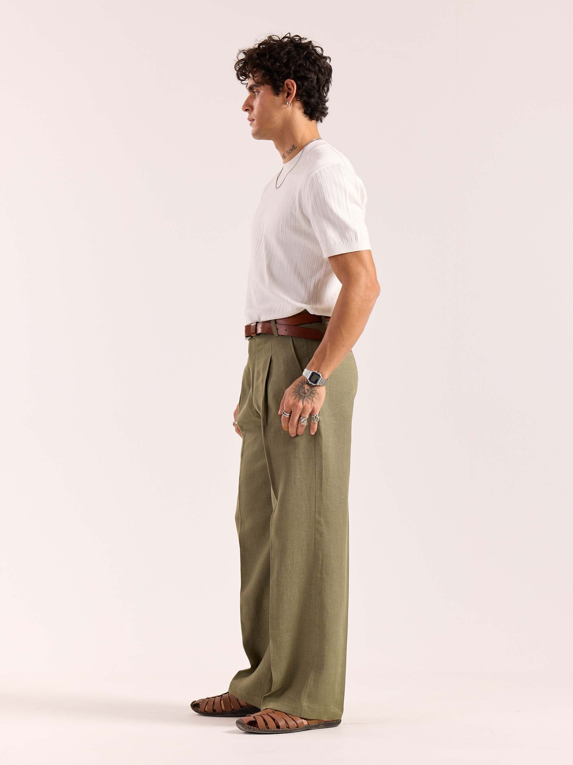 Sage Green Linen Baggy Fit Trousers - Image 7