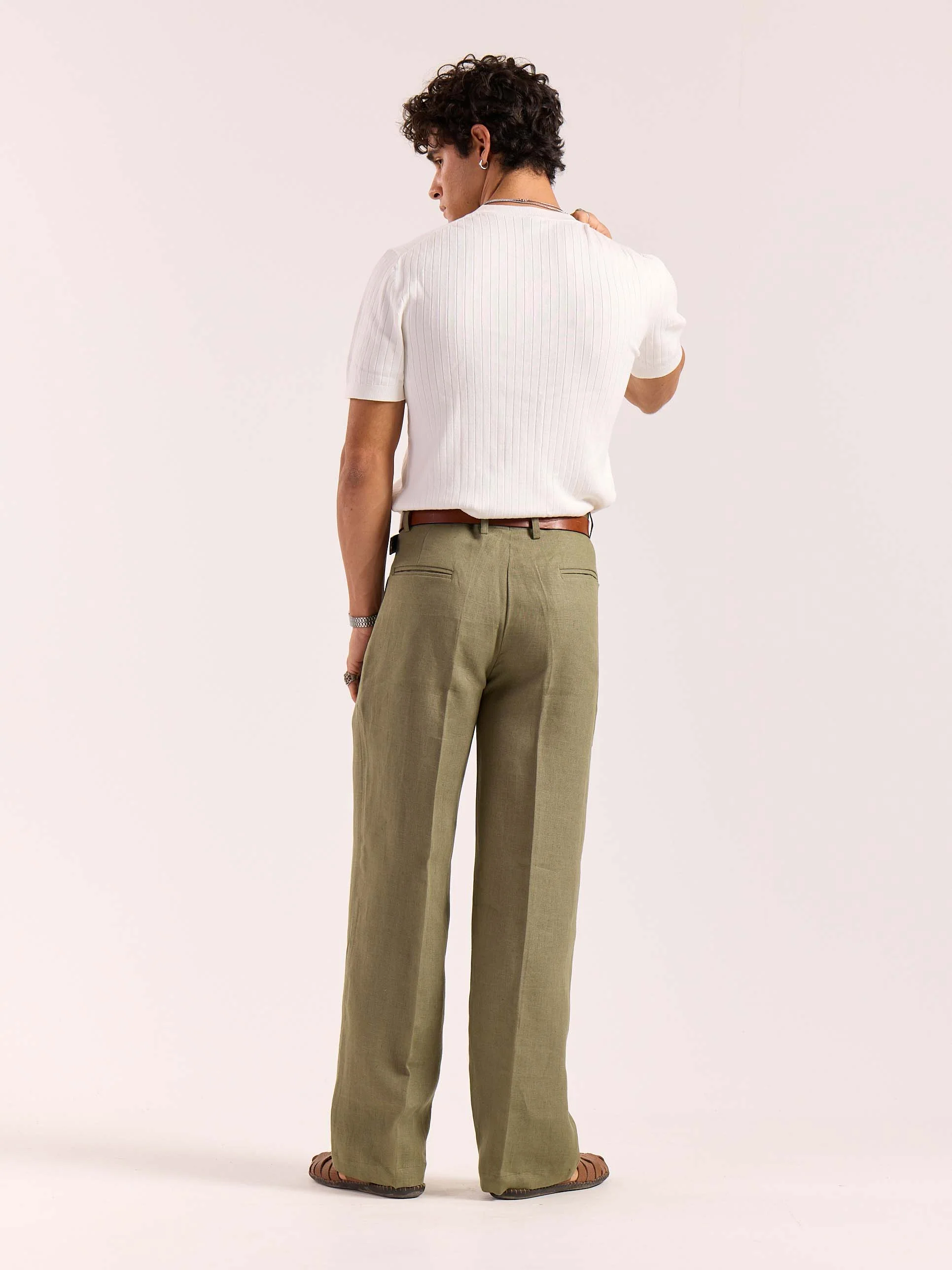 Sage Green Linen Baggy Fit Trousers - Image 8