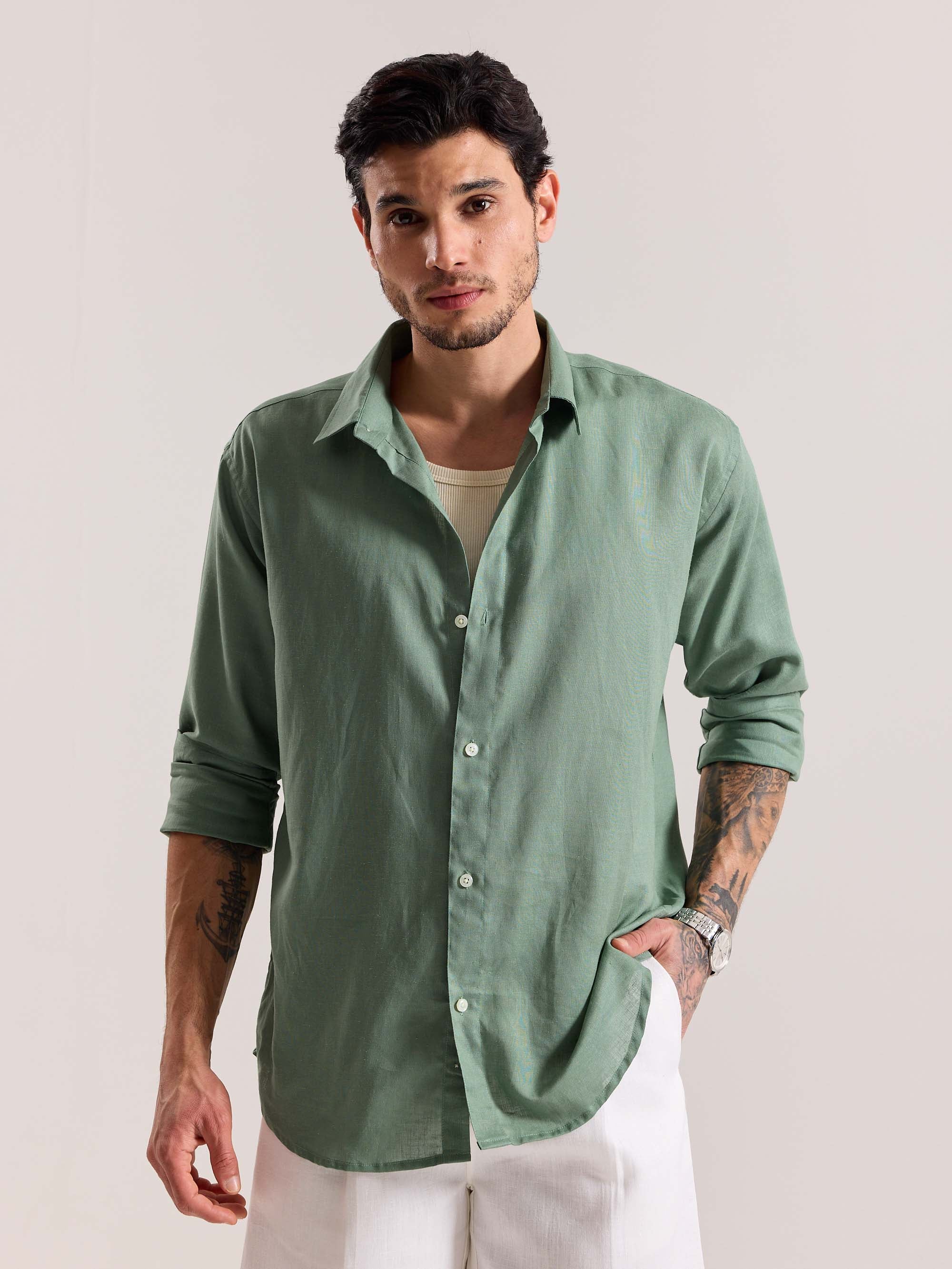 Sage Green Linen-blend Shirt - Image 3