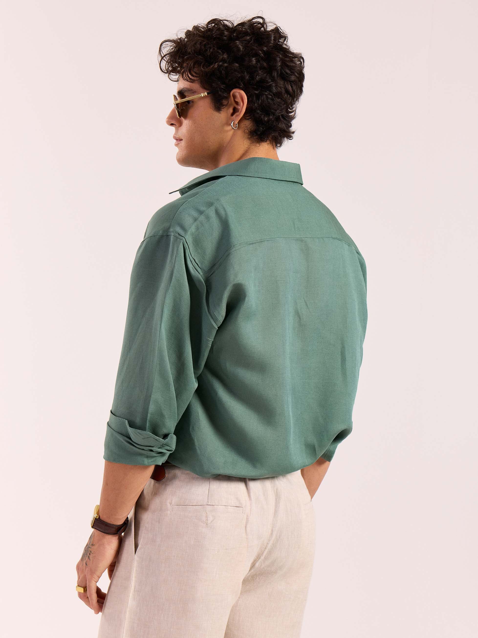 Sage Green Linen Cropped Shirt - Image 6