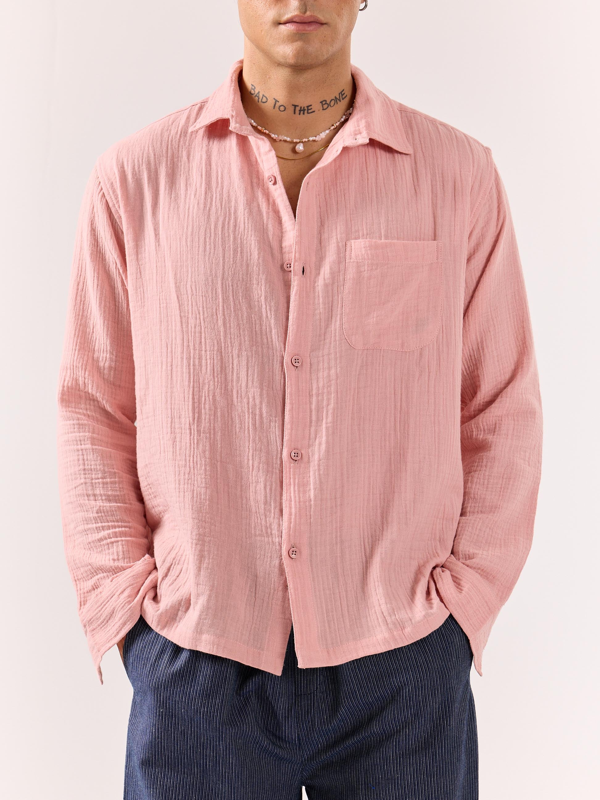 Salmon Pink Gauze Holiday Shirt - Image 3
