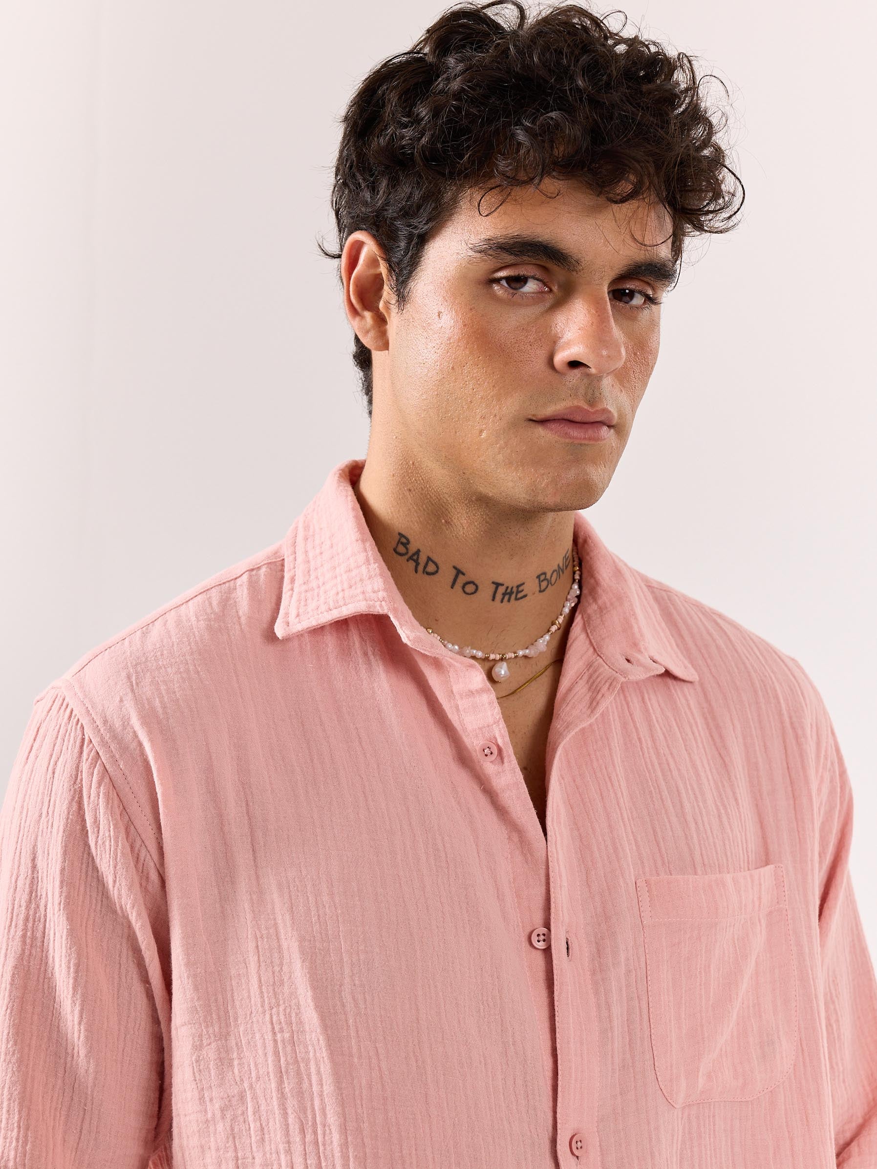 Salmon Pink Gauze Holiday Shirt - Image 4