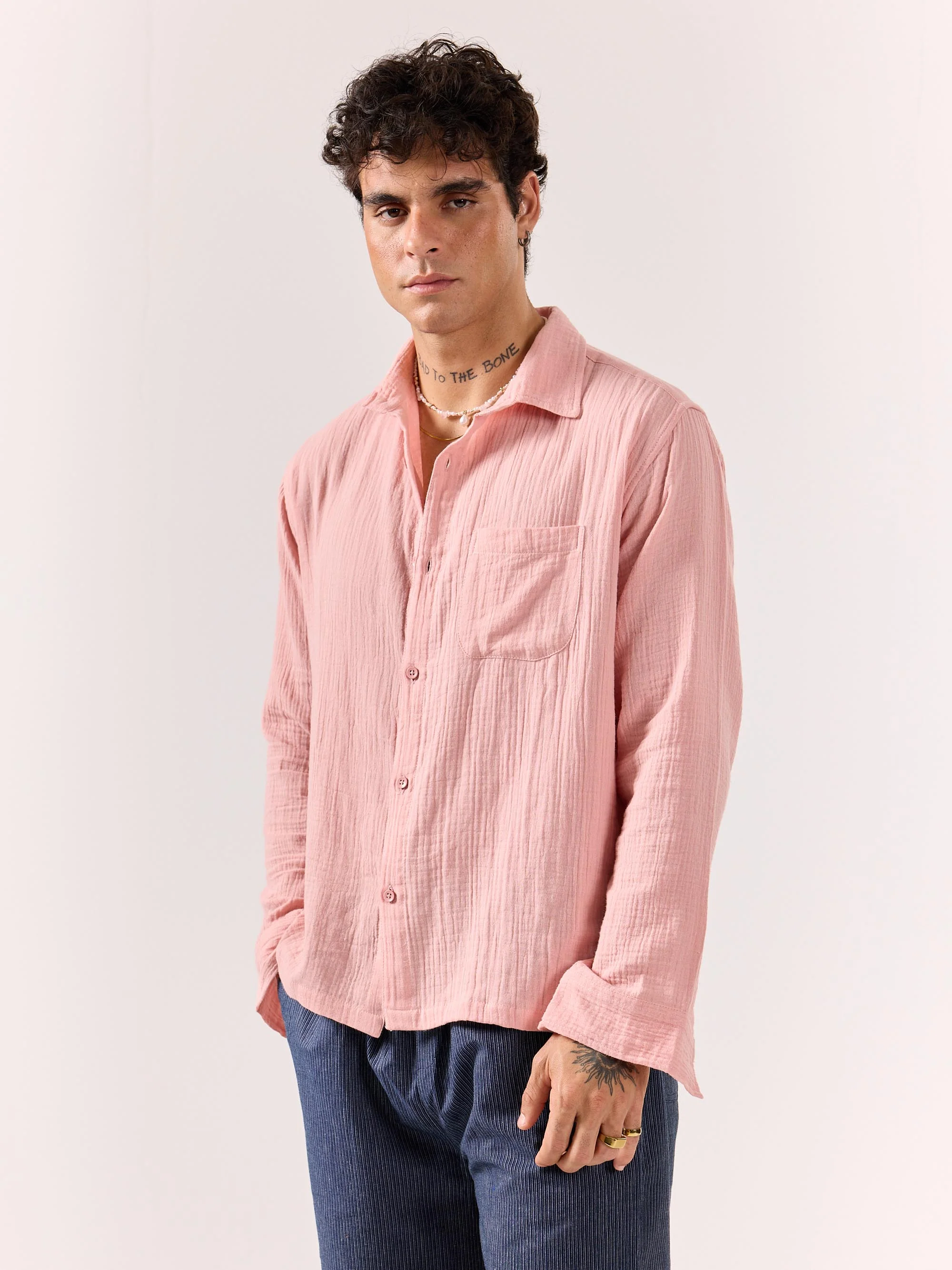 Salmon Pink Gauze Holiday Shirt - Image 5