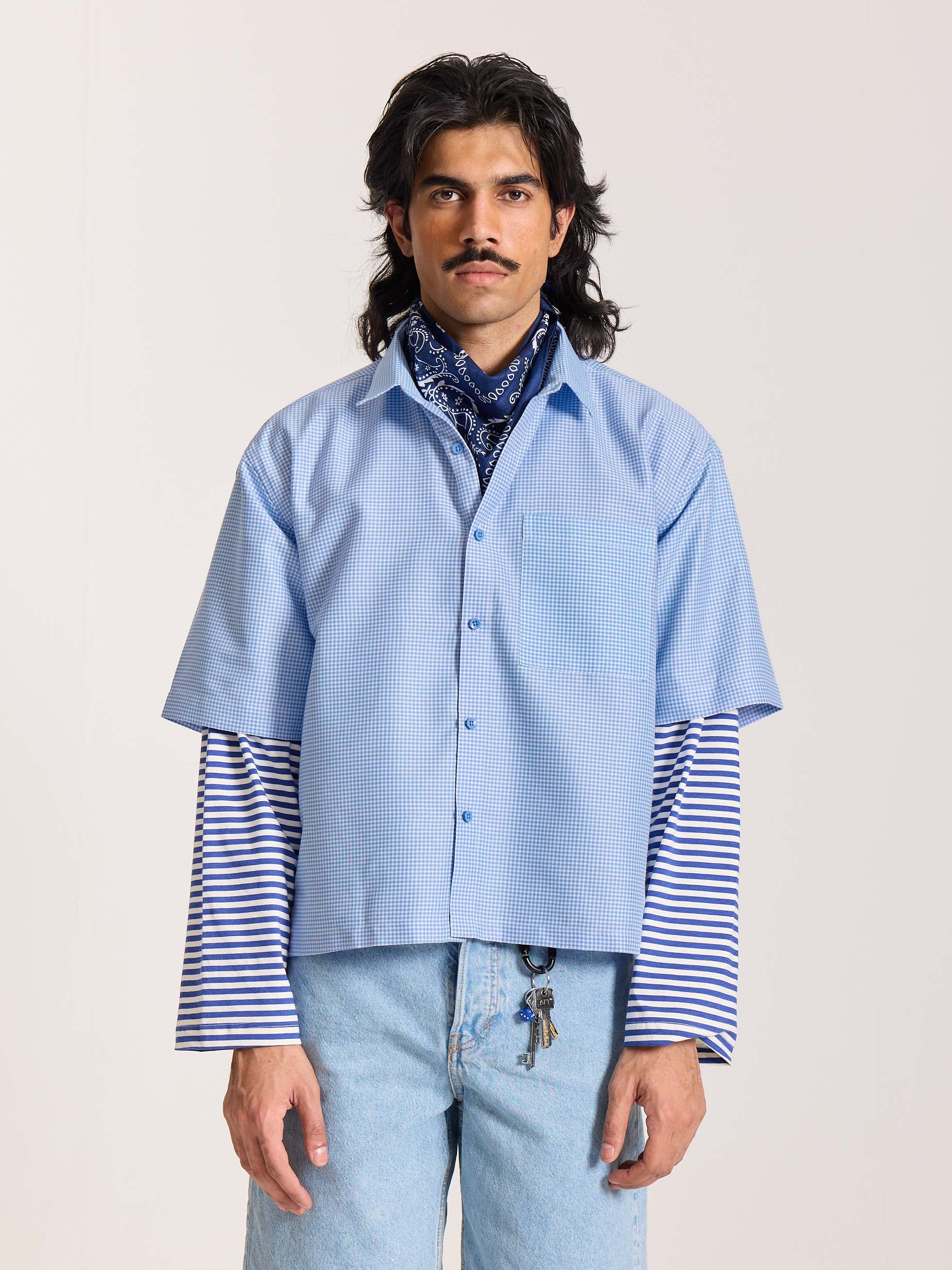 Sky Blue Checkered Cropped Shirt - Image 3
