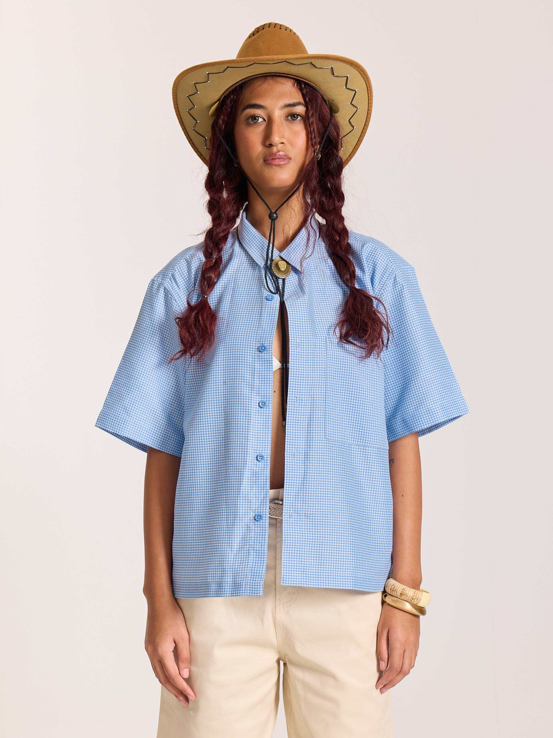 Sky Blue Checkered Cropped Shirt - Image 4