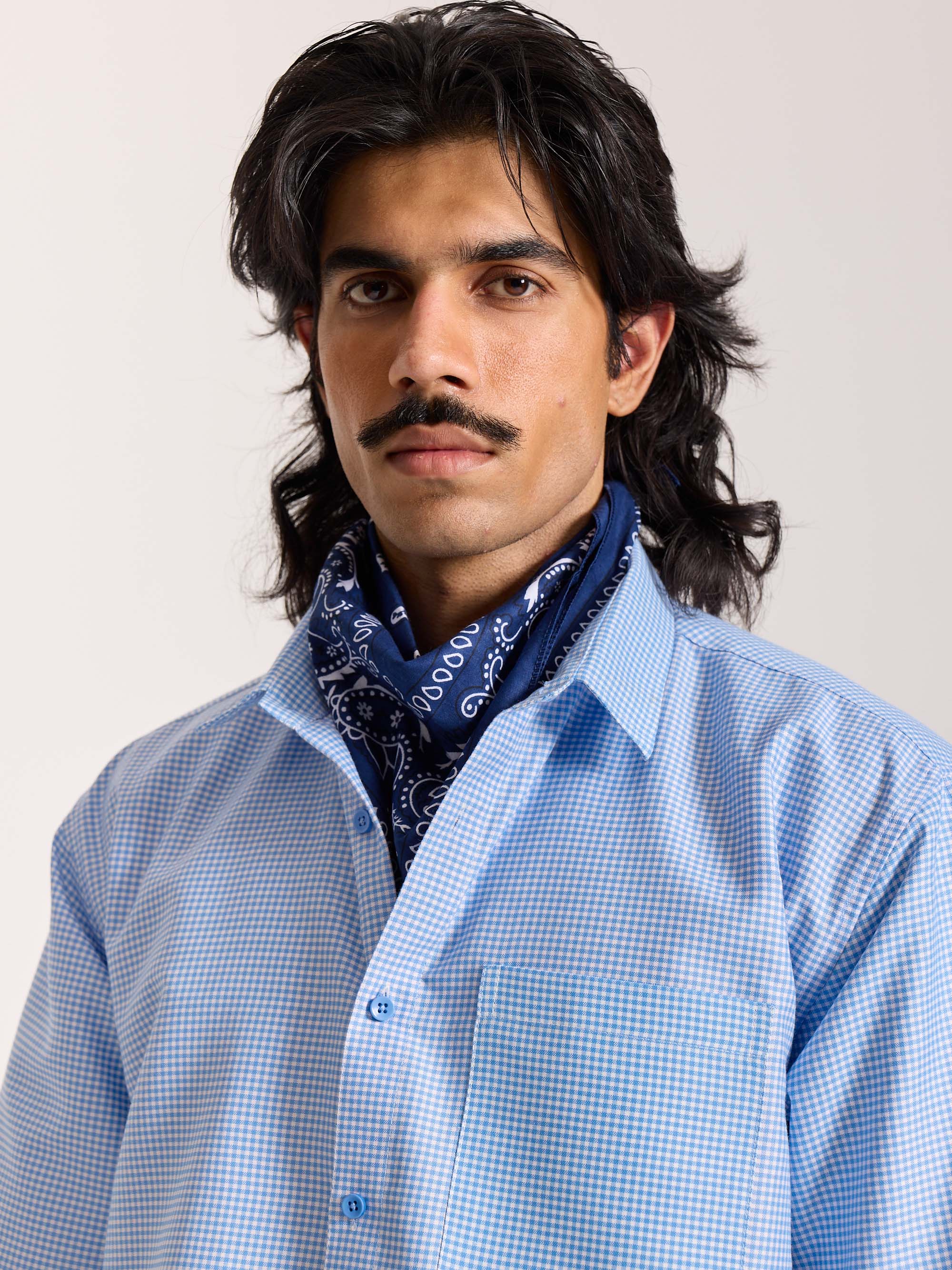 Sky Blue Checkered Cropped Shirt - Image 5