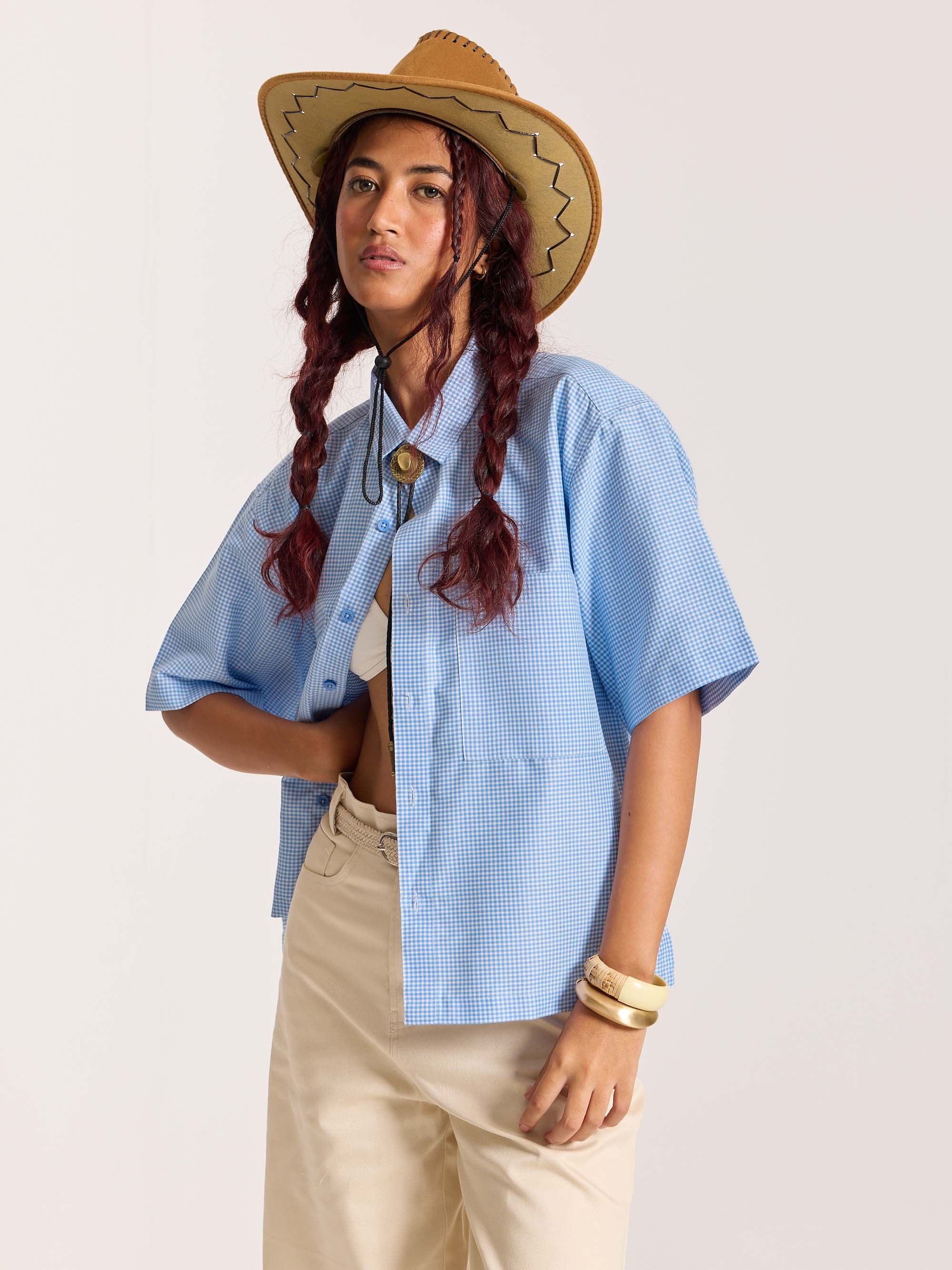 Sky Blue Checkered Cropped Shirt - Image 6