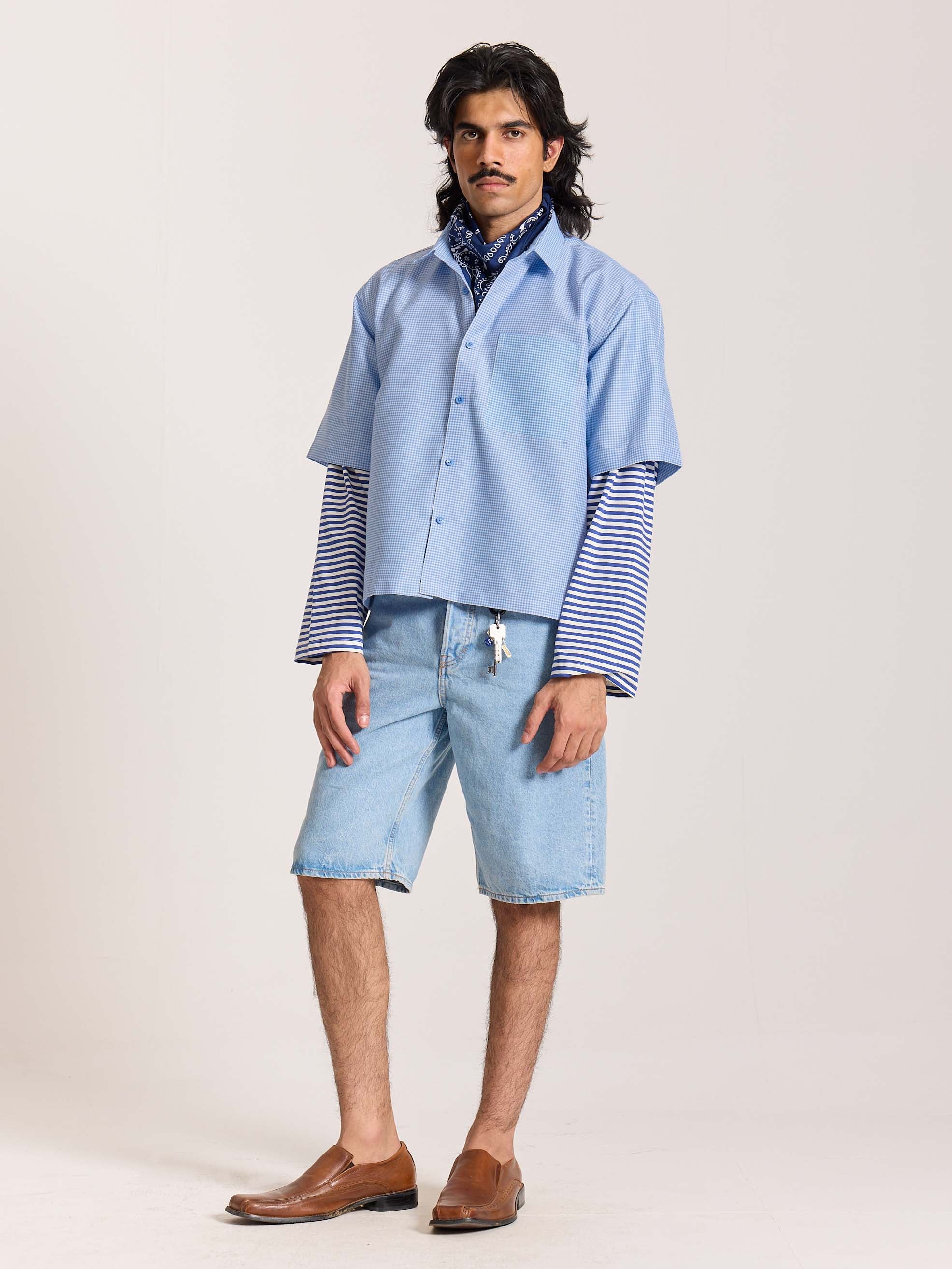 Sky Blue Checkered Cropped Shirt - Image 7