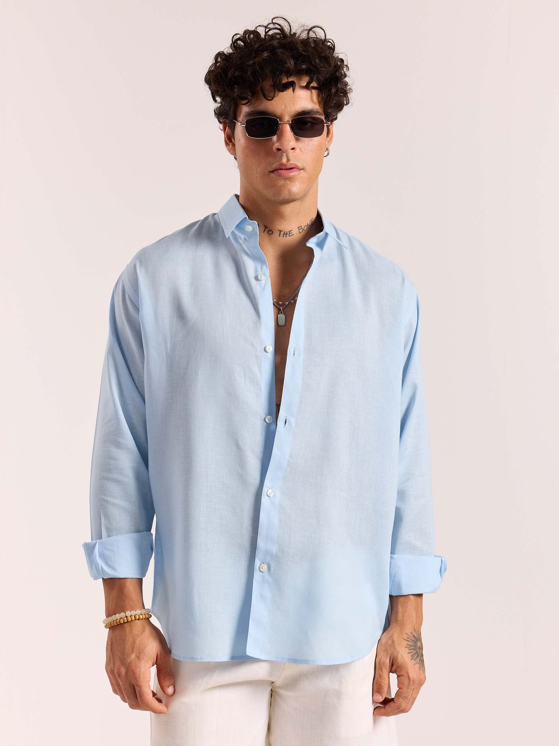 Sky Blue Linen-blend Shirt - Image 3