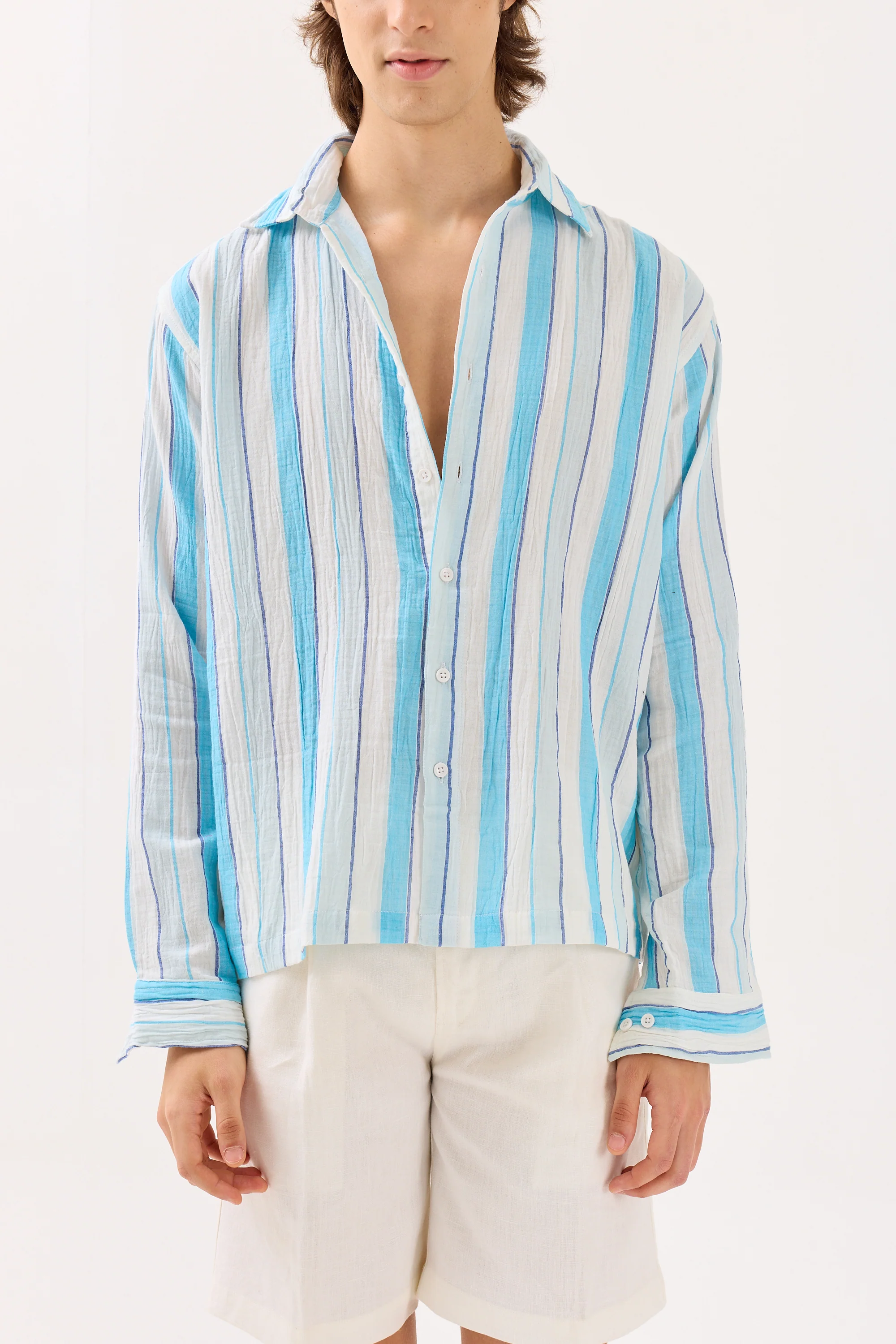 Sky Blue Striped Gauze Holiday Shirt - Image 3