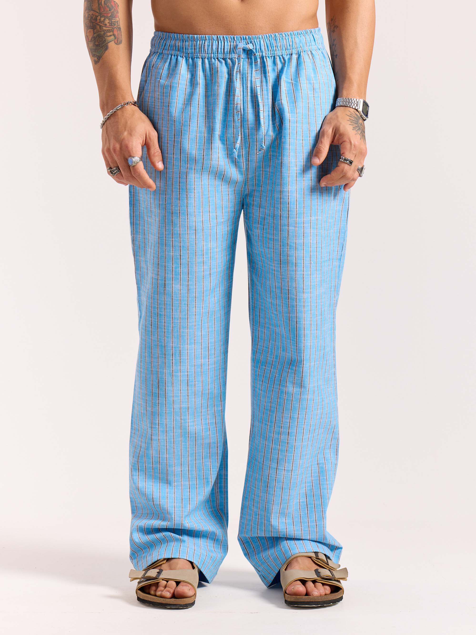 Sky Blue Striped Linen Pull-on Pants - Image 3