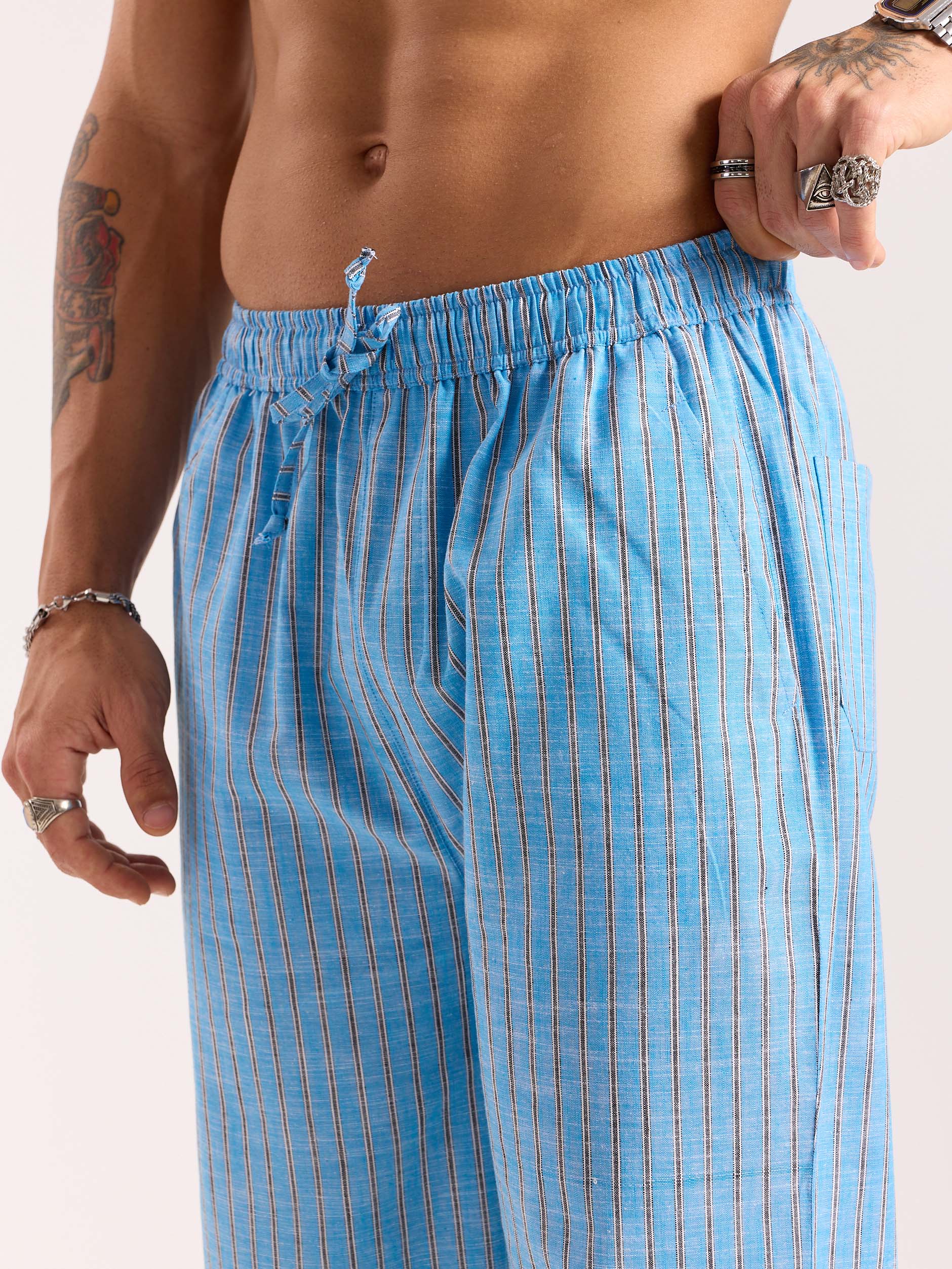 Sky Blue Striped Linen Pull-on Pants - Image 6