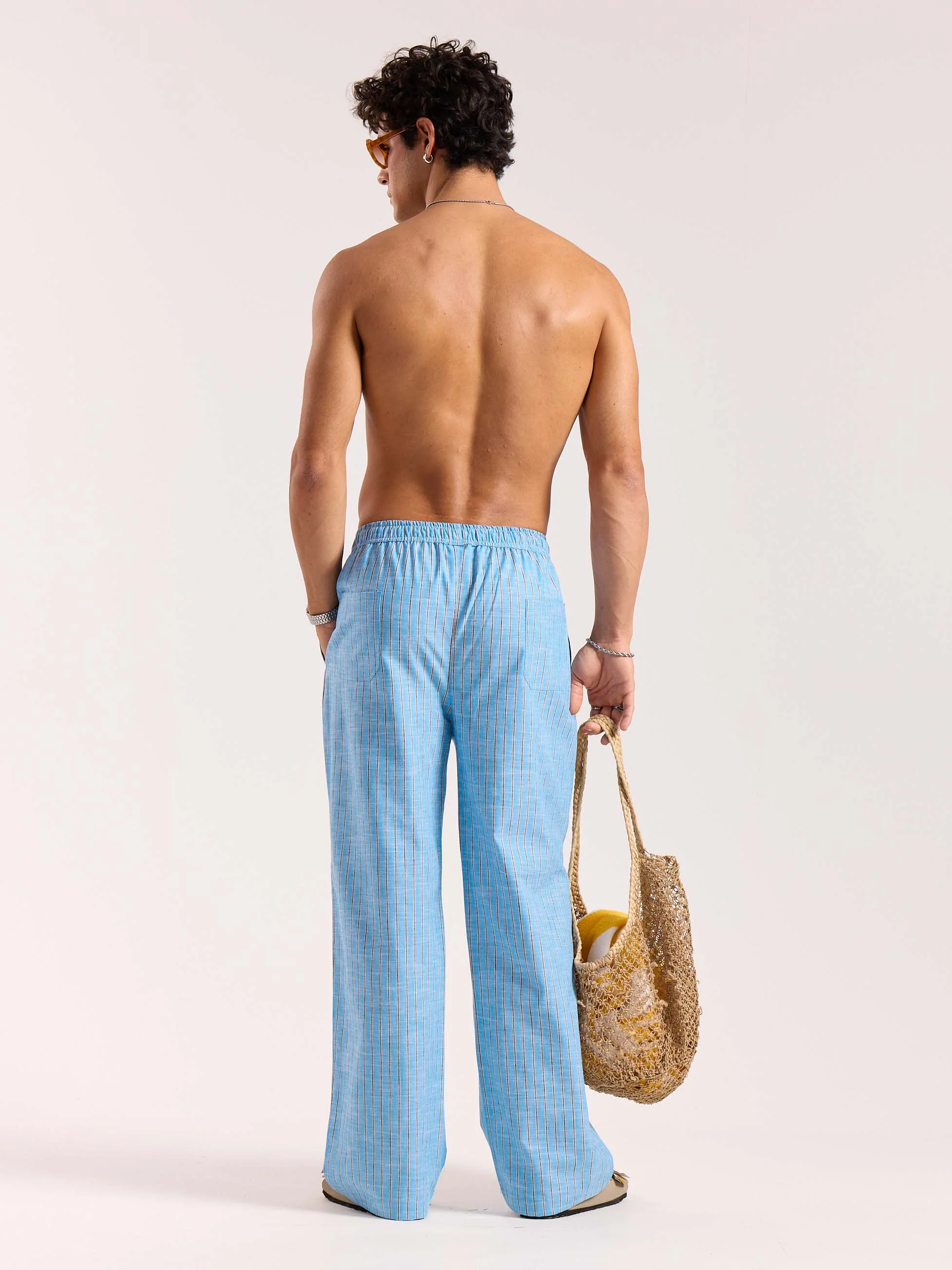 Sky Blue Striped Linen Pull-on Pants - Image 8