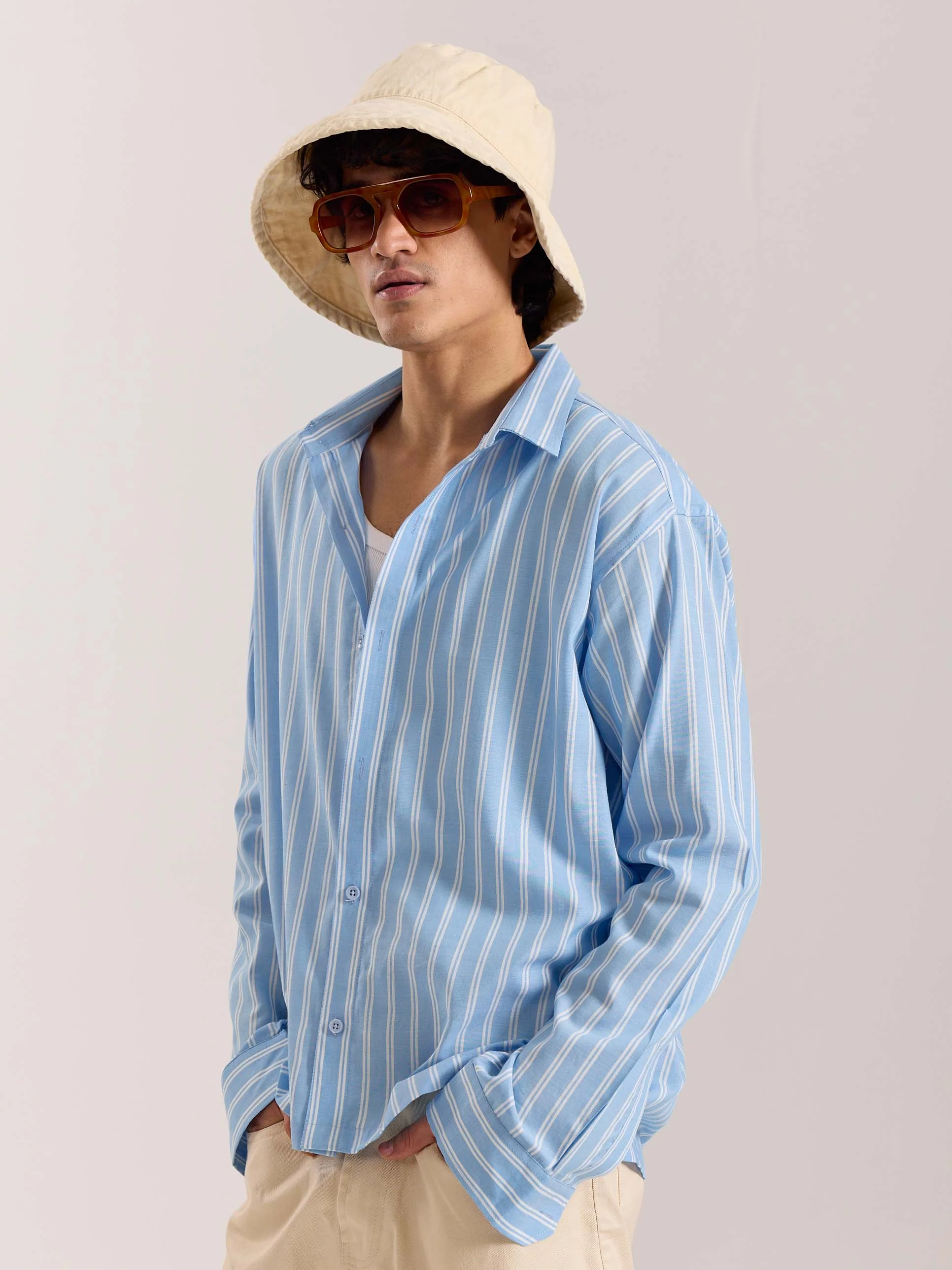 Sky Blue & White Striped Drape Shirt - Image 4