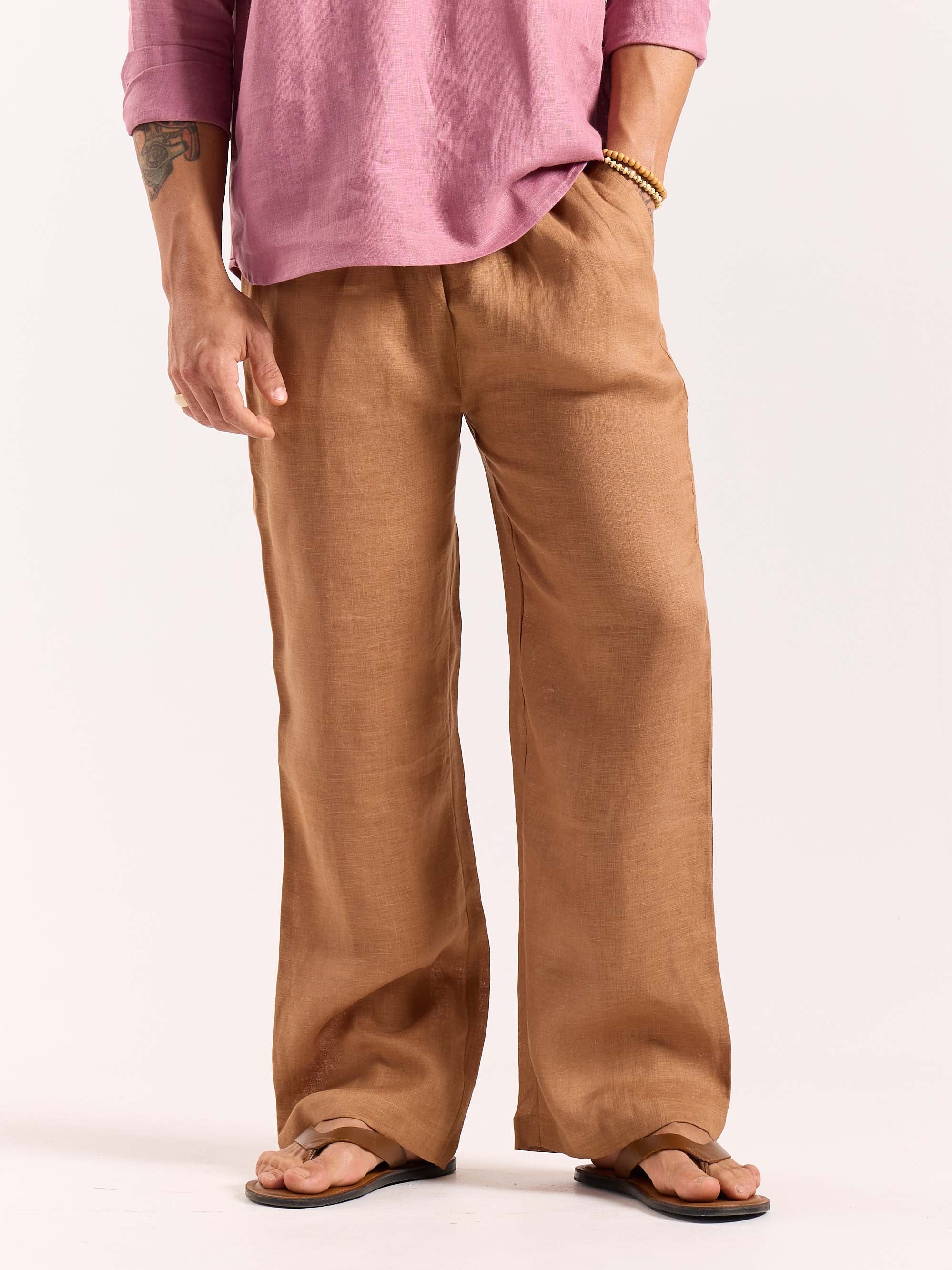 Tan Brown Linen Pull-on Pants - Image 3