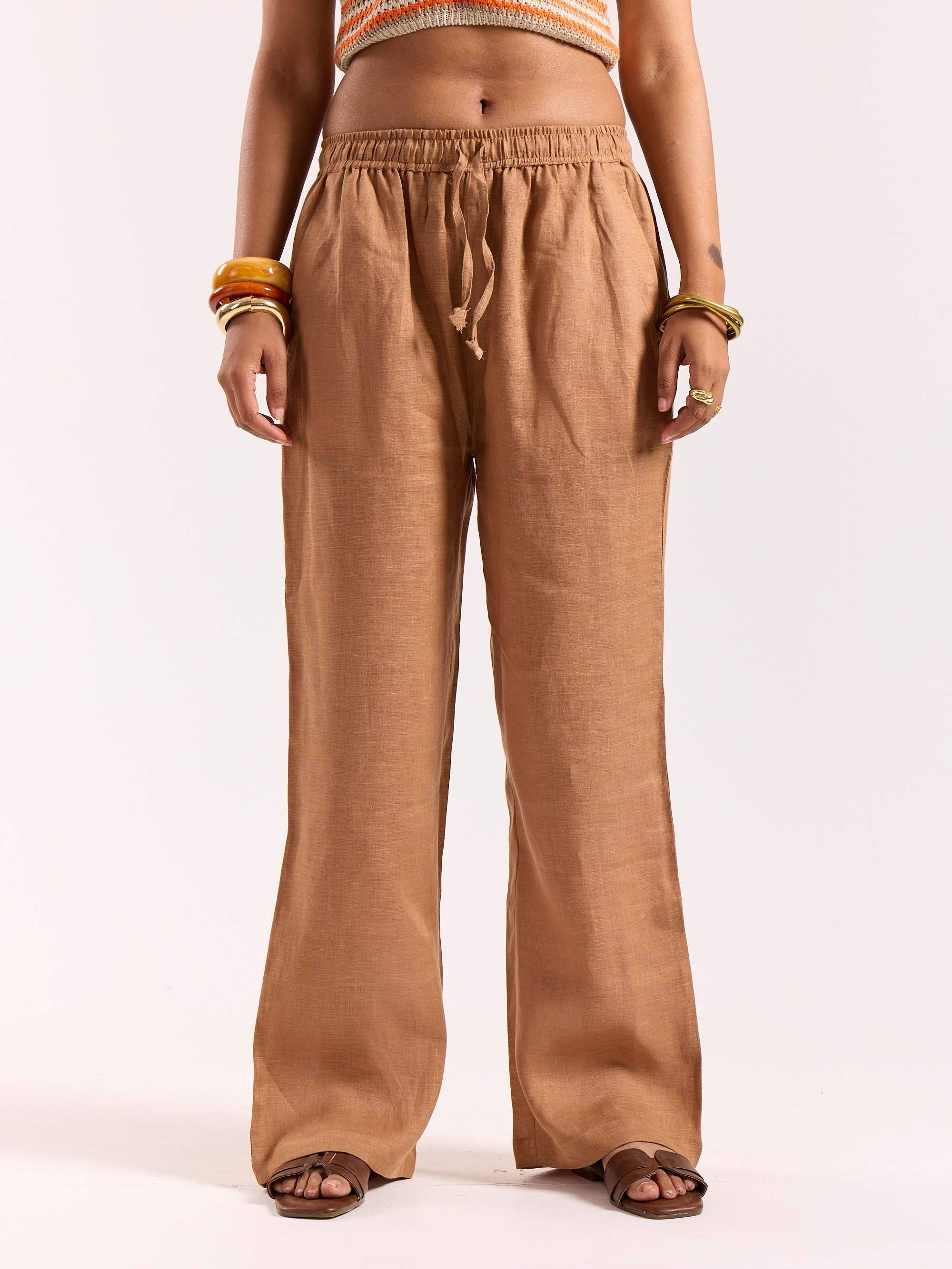 Tan Brown Linen Pull-on Pants - Image 4