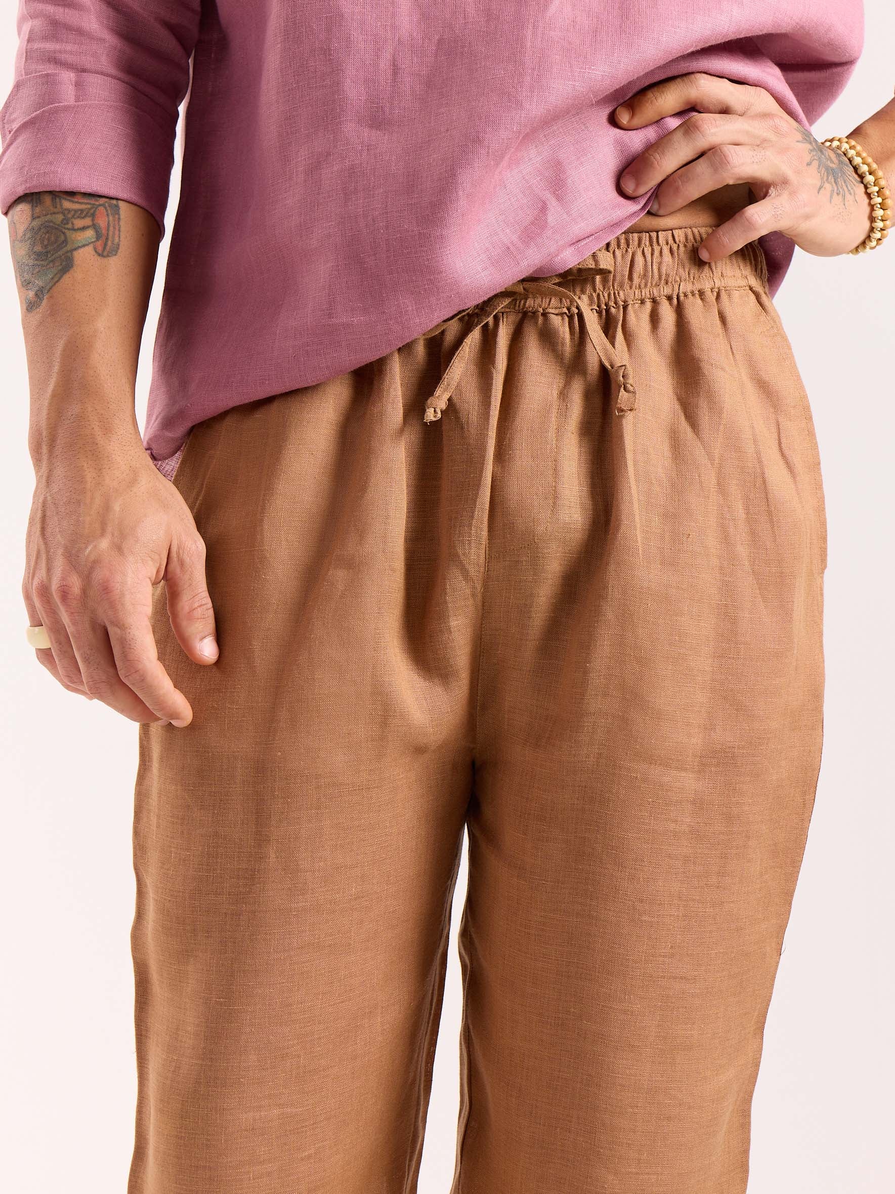 Tan Brown Linen Pull-on Pants - Image 6