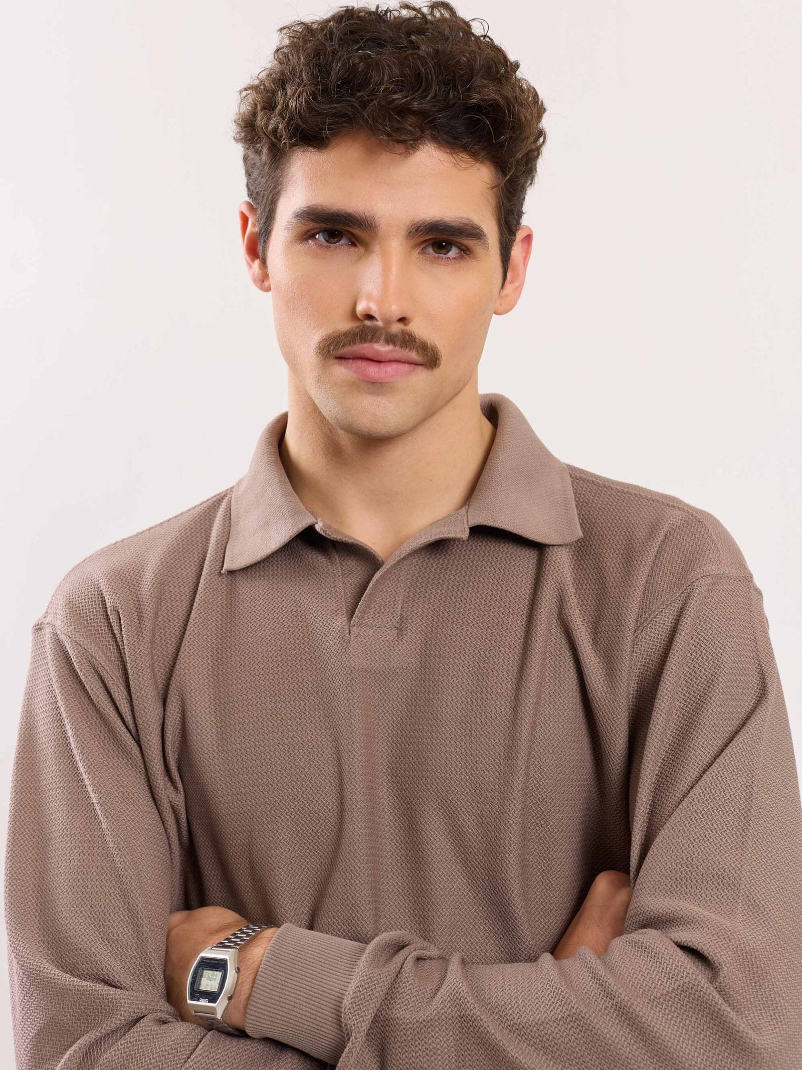 Taupe Jacquard Knit Polo T-shirt - Image 3