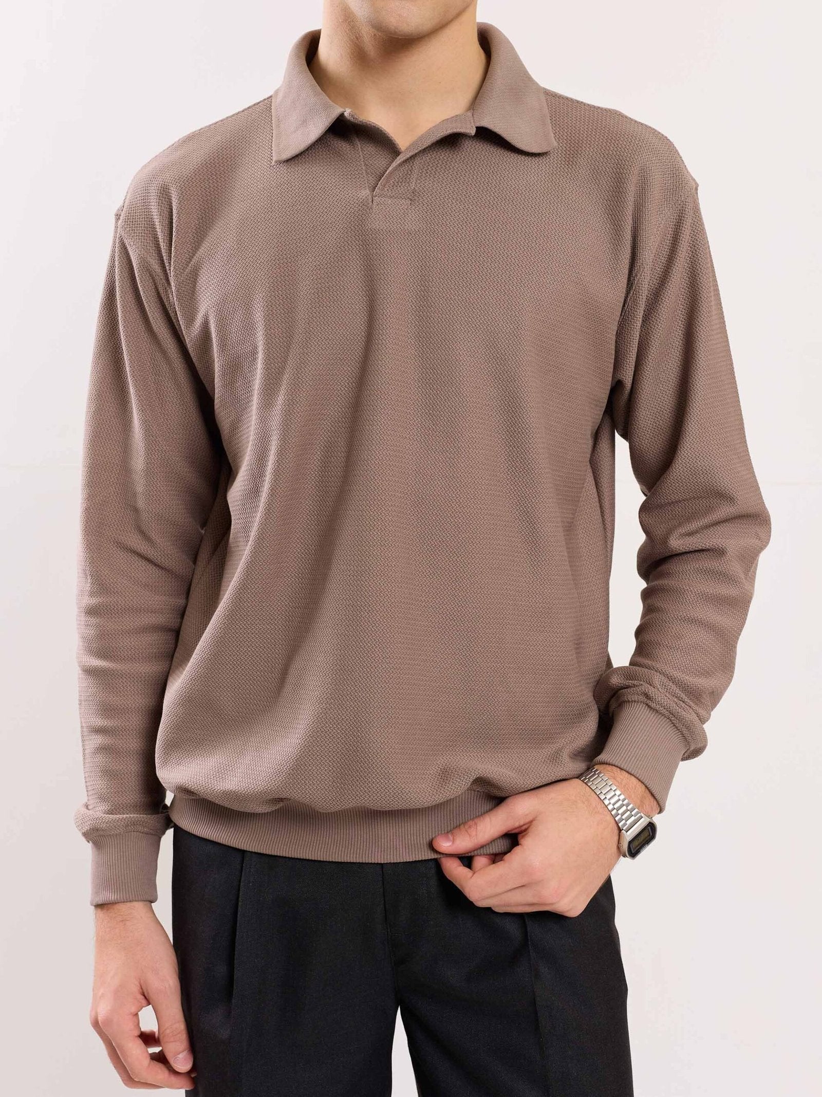 Taupe Jacquard Knit Polo T-shirt - Image 4