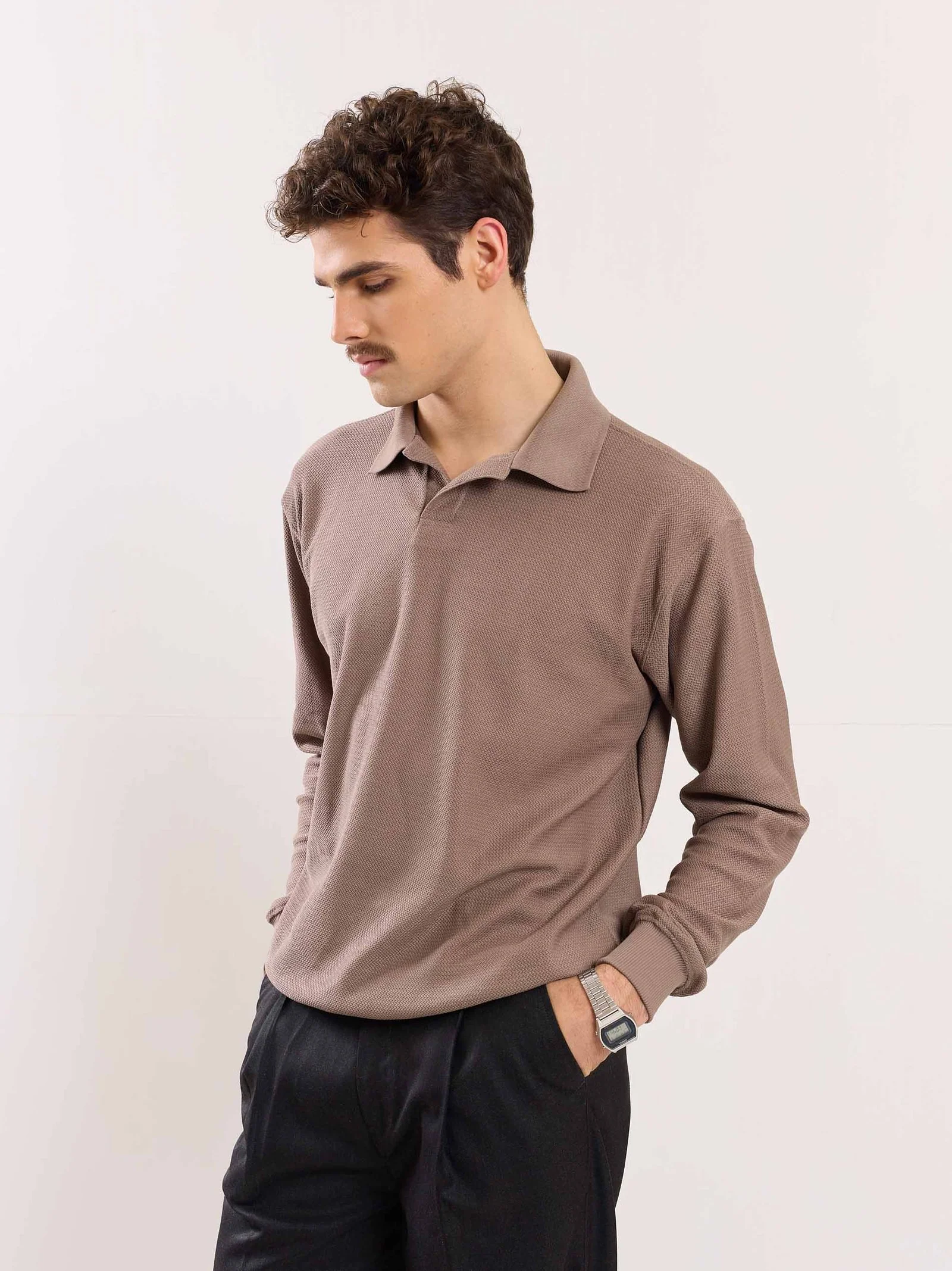 Taupe Jacquard Knit Polo T-shirt - Image 5