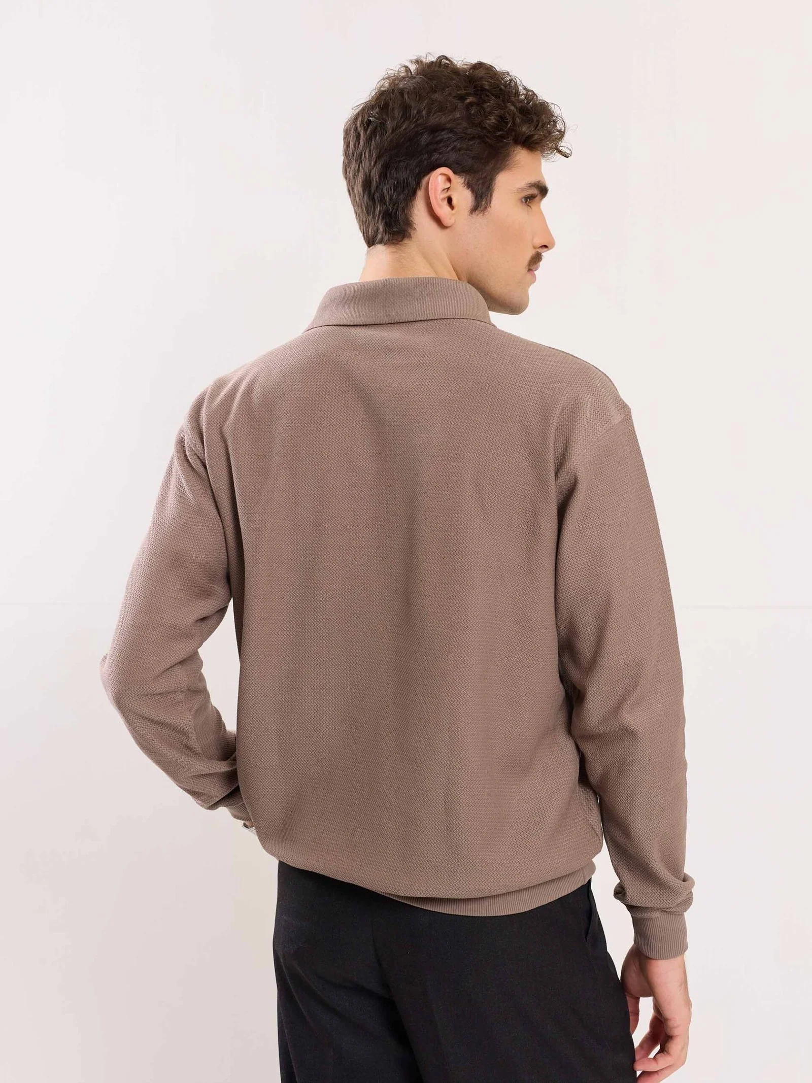 Taupe Jacquard Knit Polo T-shirt - Image 6