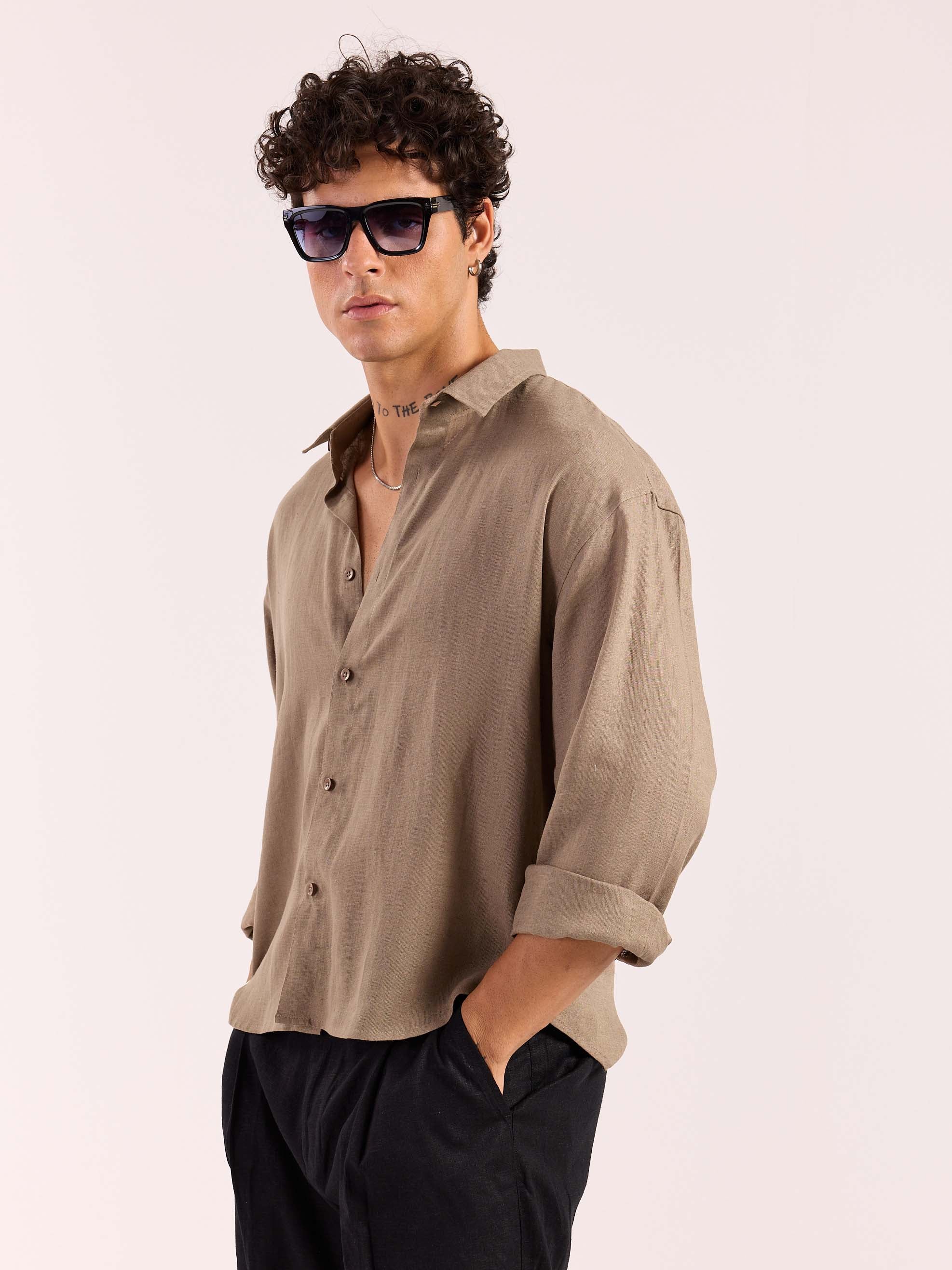 Taupe Linen Cropped Shirt  ( Pre-Order ) - Image 4