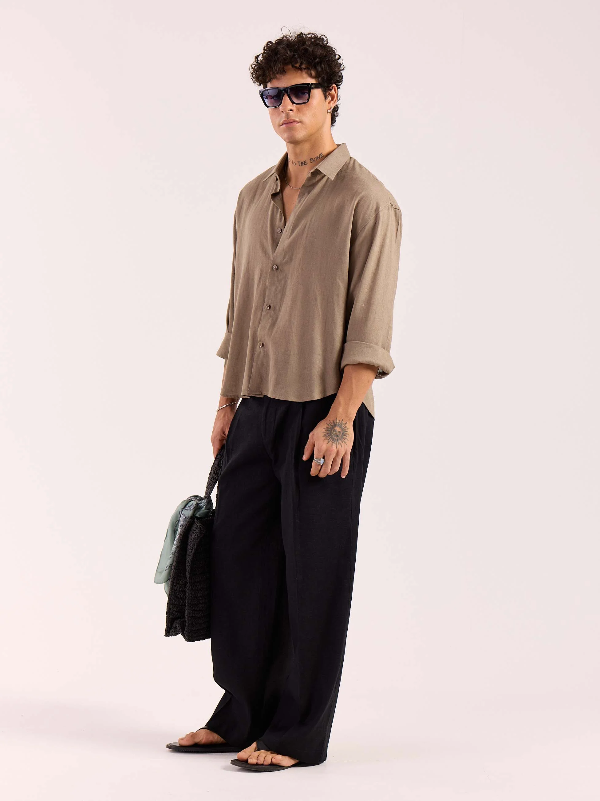 Taupe Linen Cropped Shirt  ( Pre-Order ) - Image 5