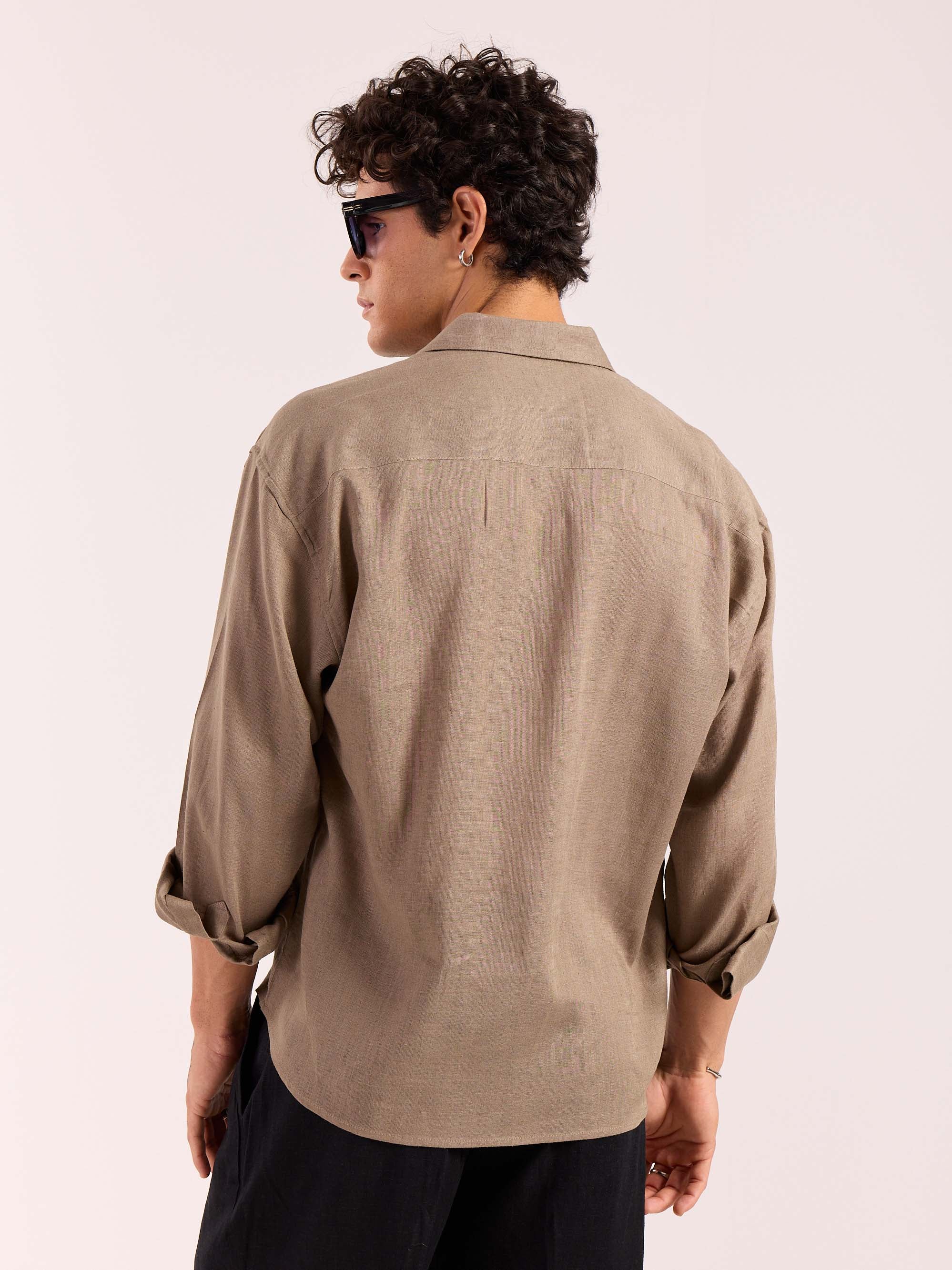 Taupe Linen Cropped Shirt  ( Pre-Order ) - Image 6