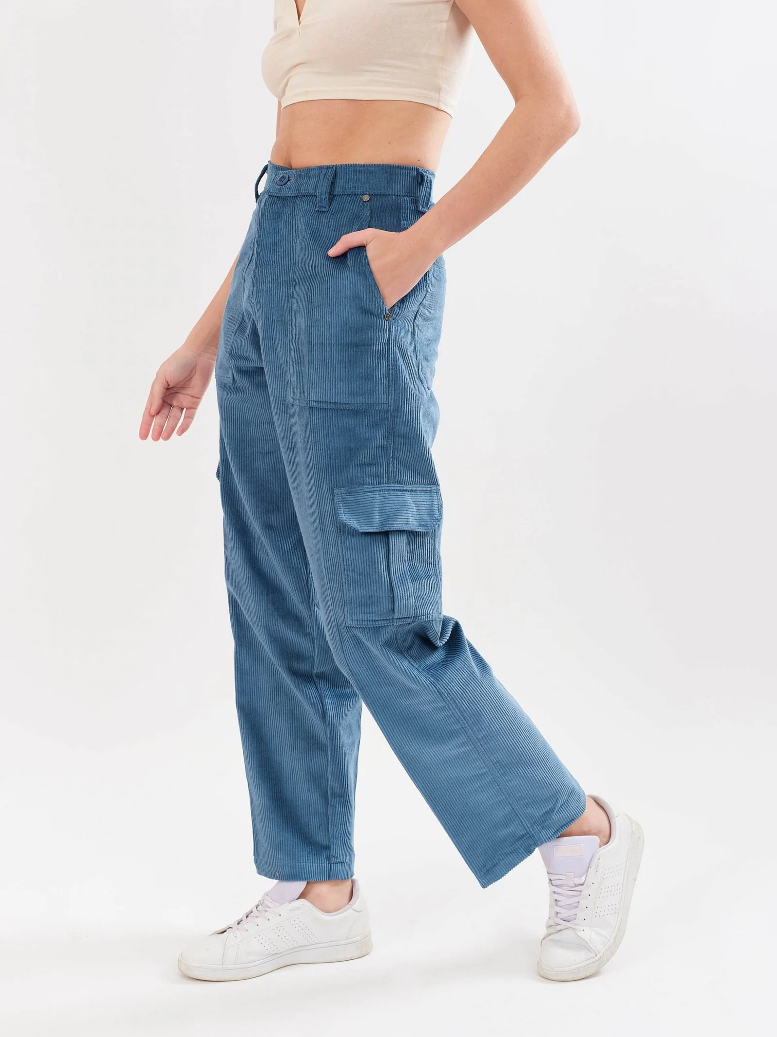 Teal Blue Corduroy Cargo Trousers - Image 3