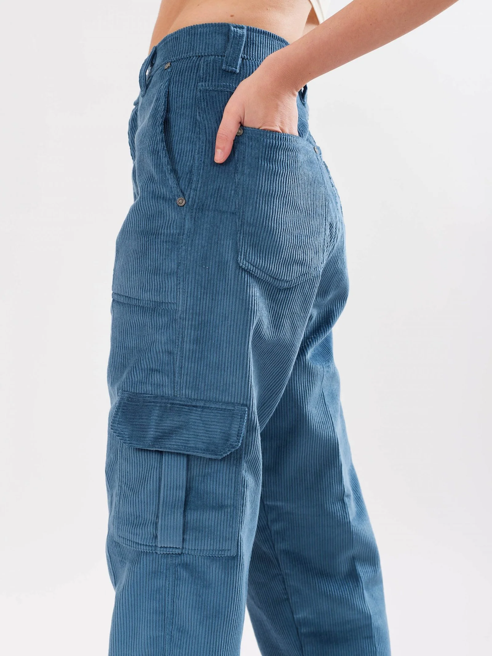 Teal Blue Corduroy Cargo Trousers - Image 4