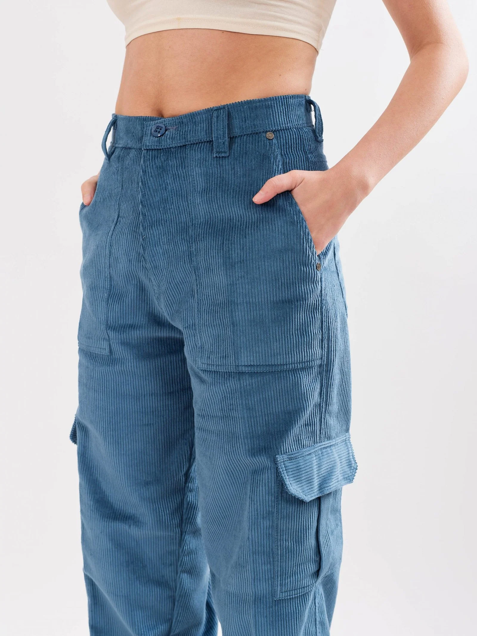 Teal Blue Corduroy Cargo Trousers - Image 5
