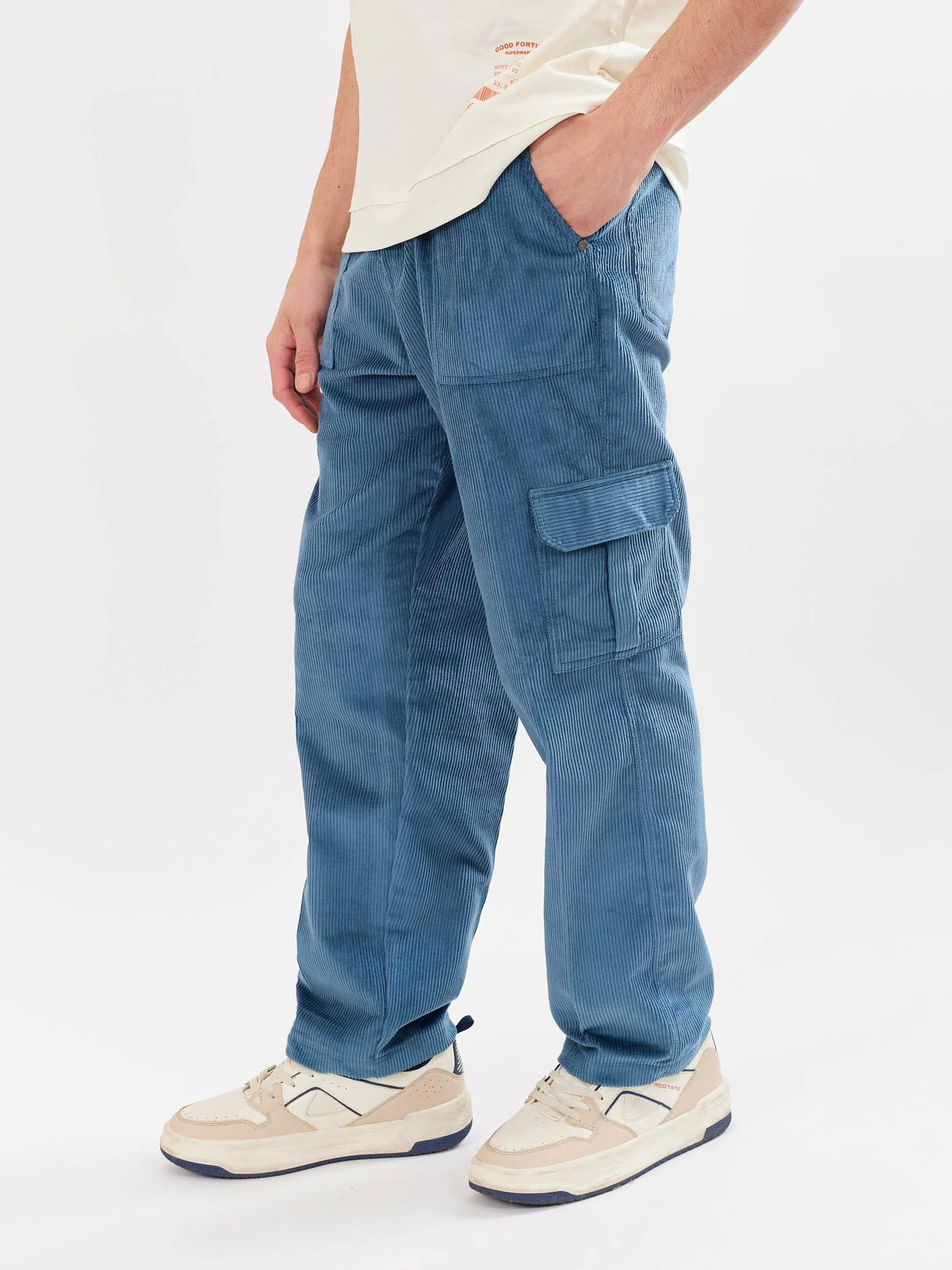 Teal Blue Corduroy Cargo Trousers - Image 6