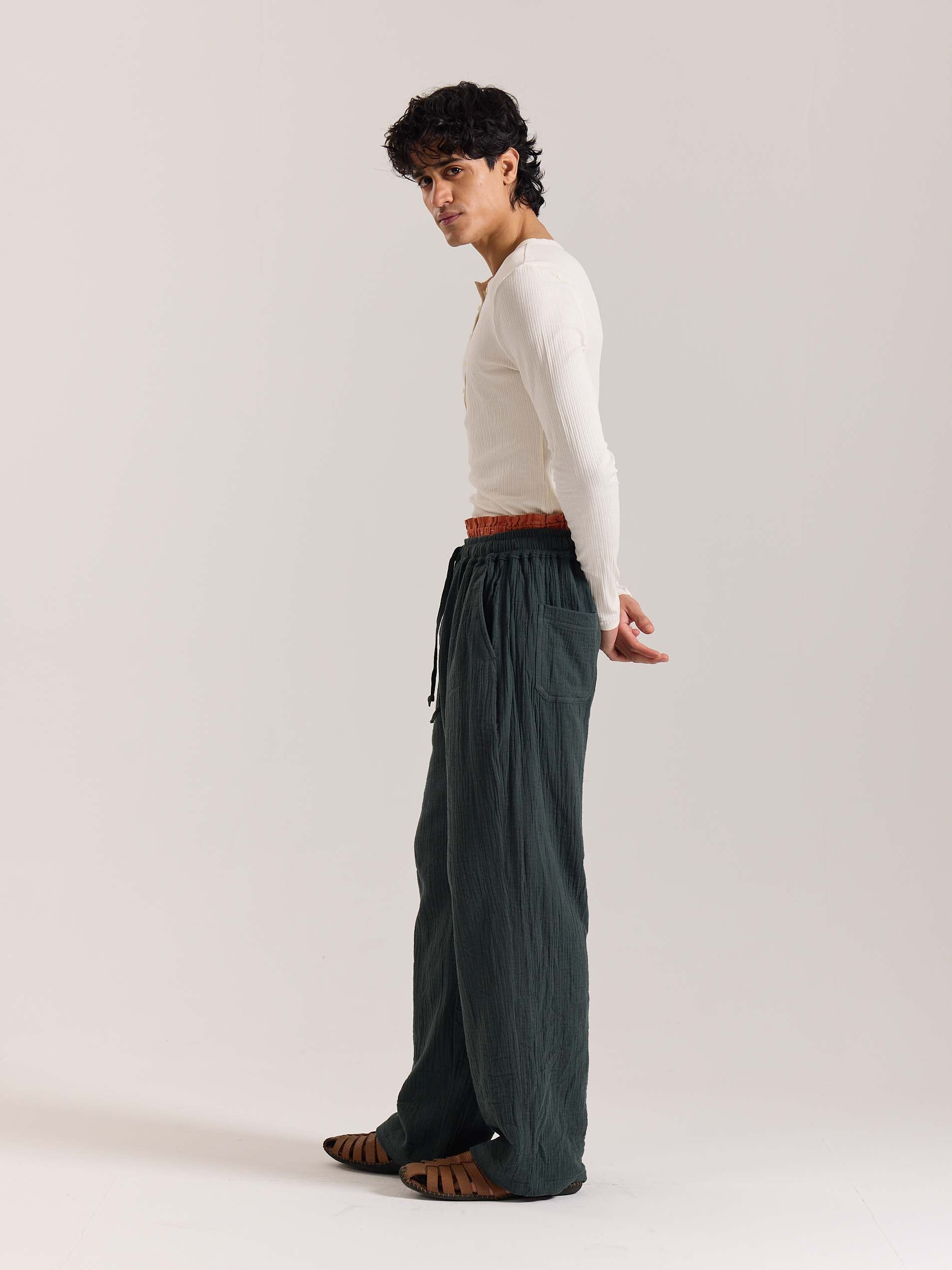 Teal Green Gauze Pull-on Pants - Image 5