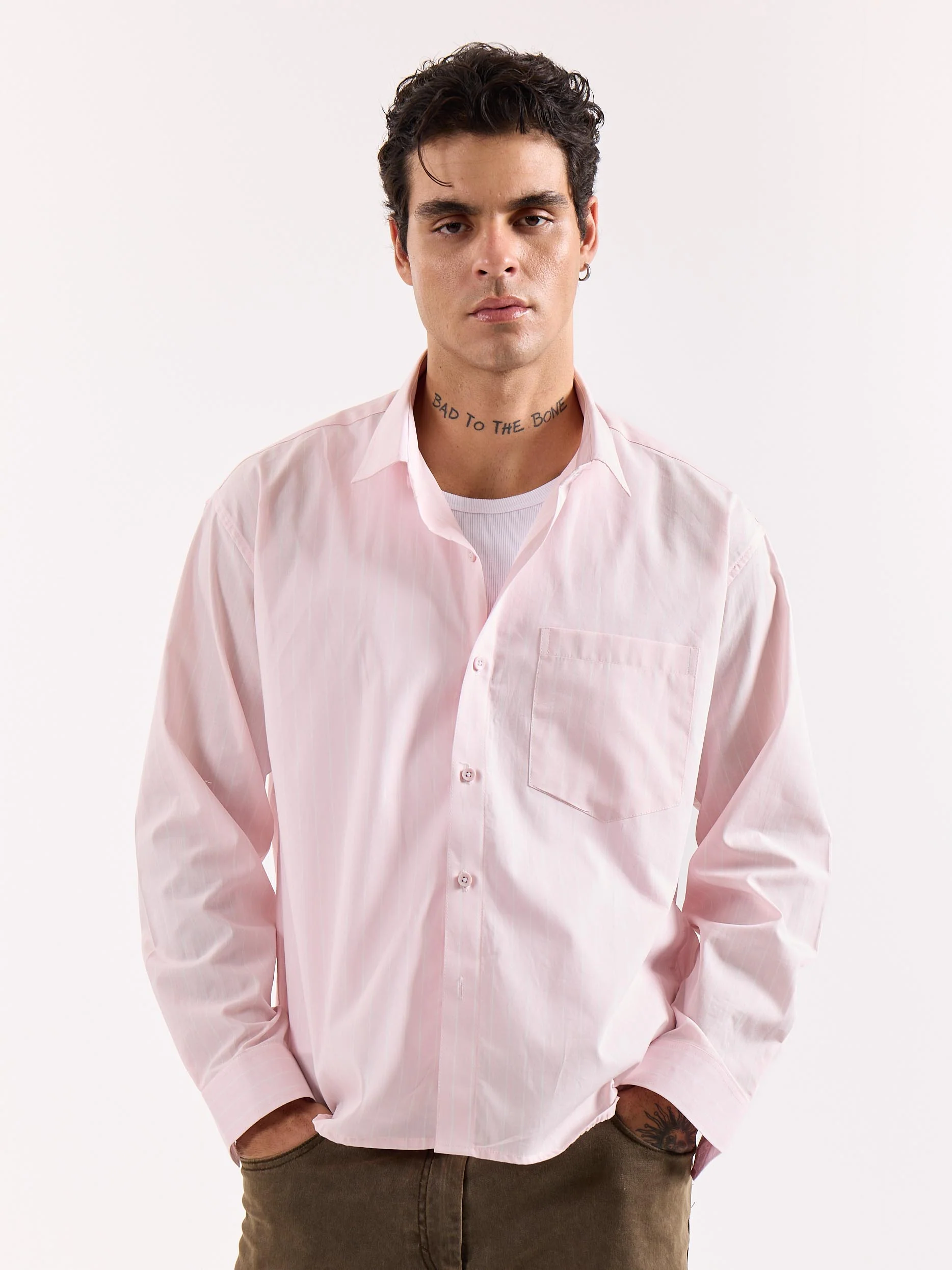 Very Light Pink Striped Poplin Oversized Shirt - Image 3