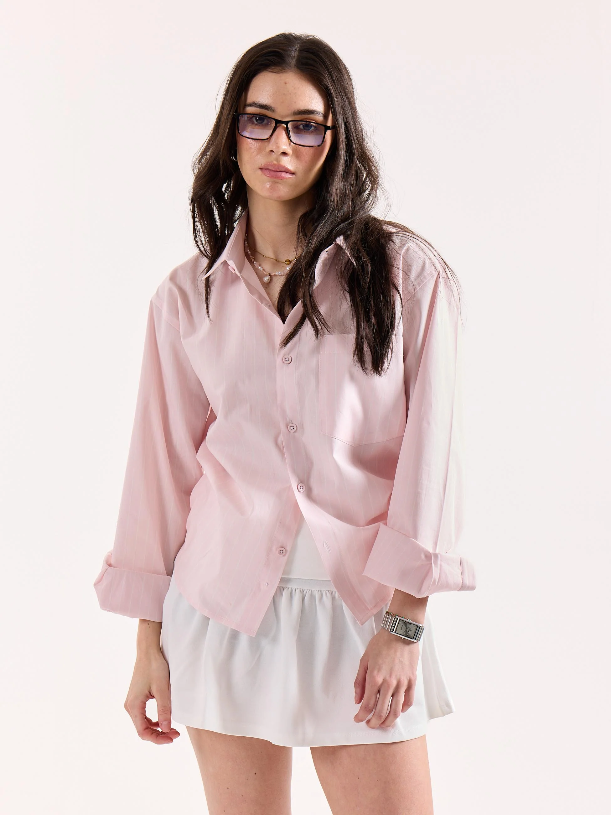 Very Light Pink Striped Poplin Oversized Shirt - Image 4