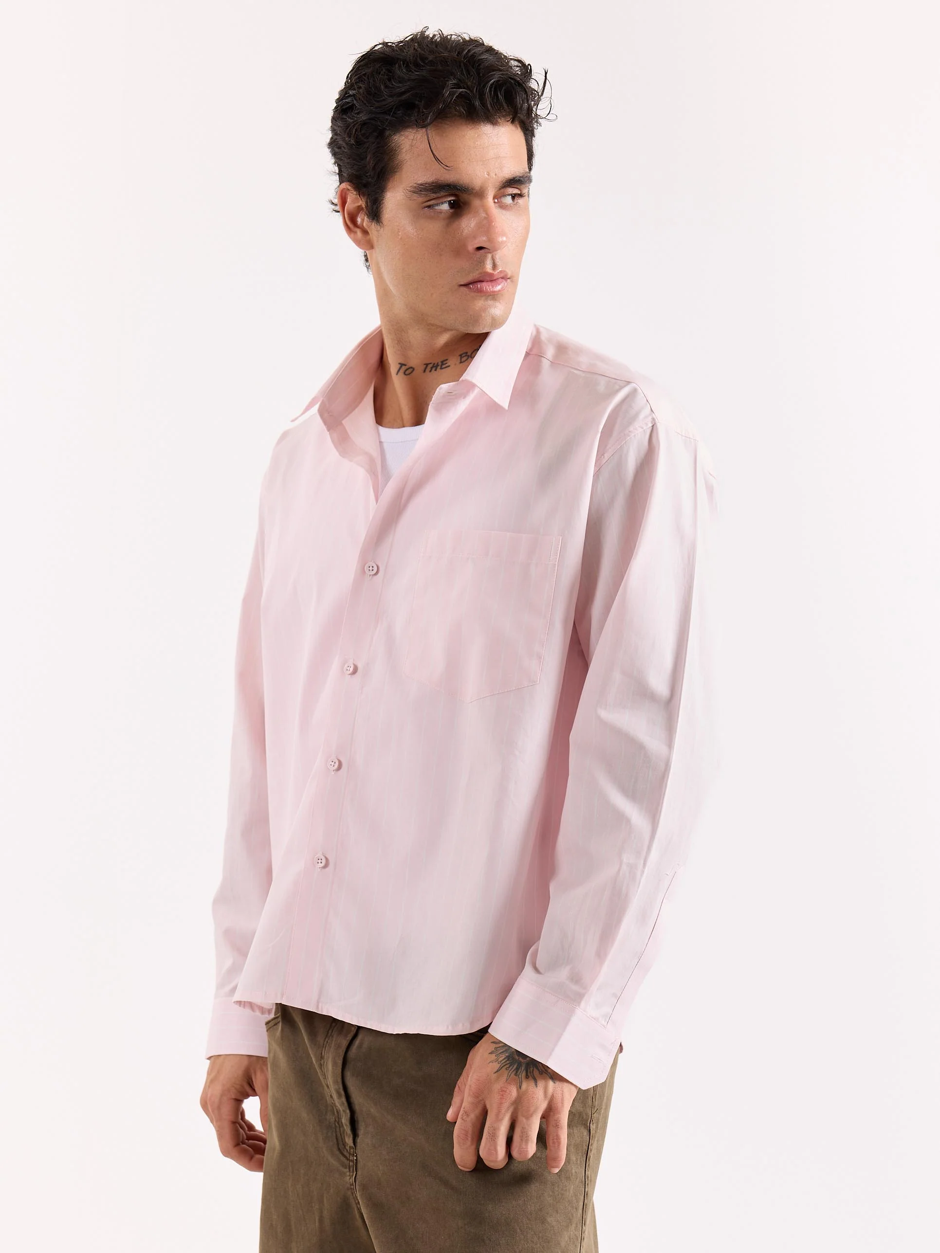 Very Light Pink Striped Poplin Oversized Shirt - Image 7