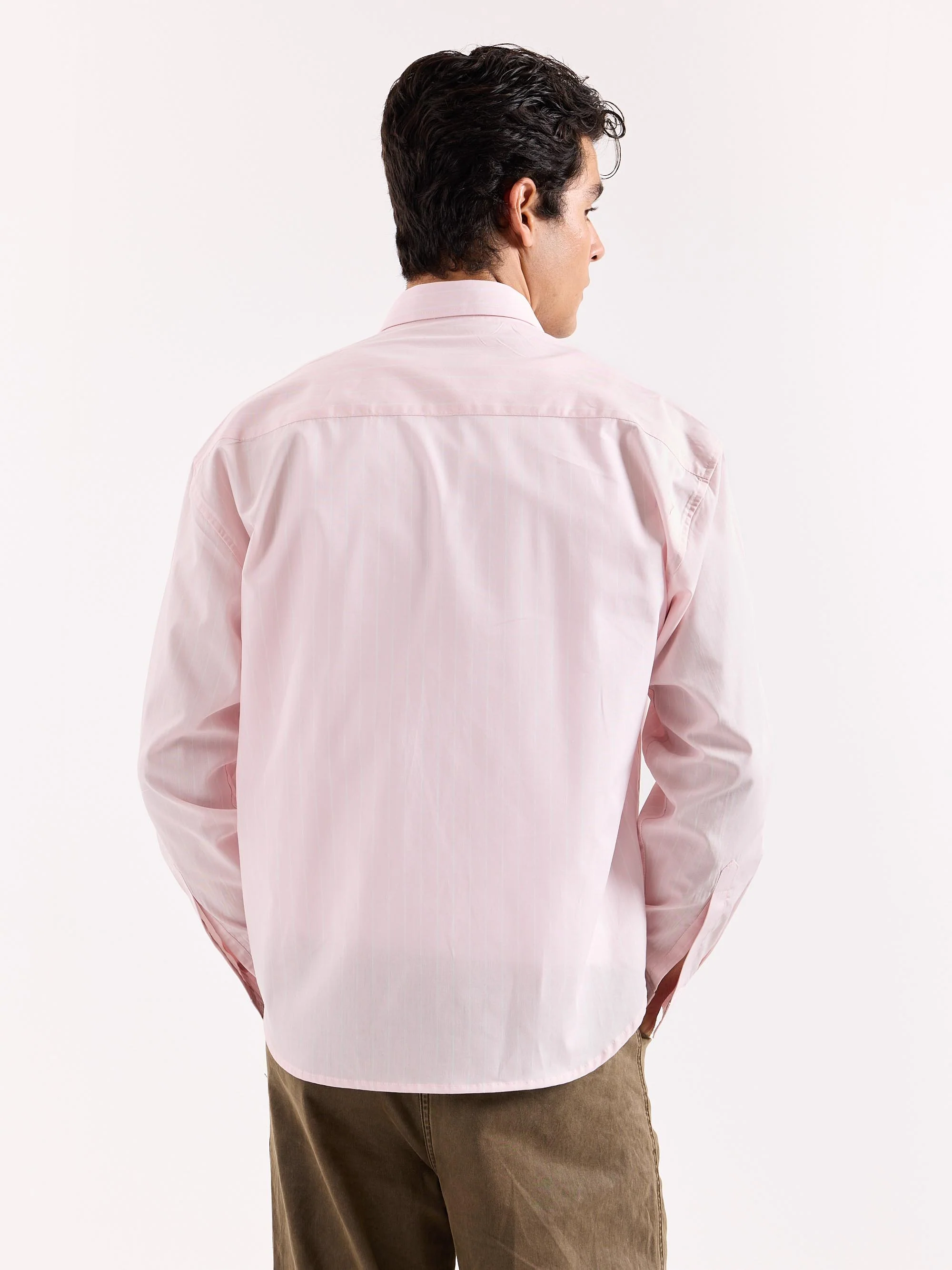 Very Light Pink Striped Poplin Oversized Shirt - Image 8