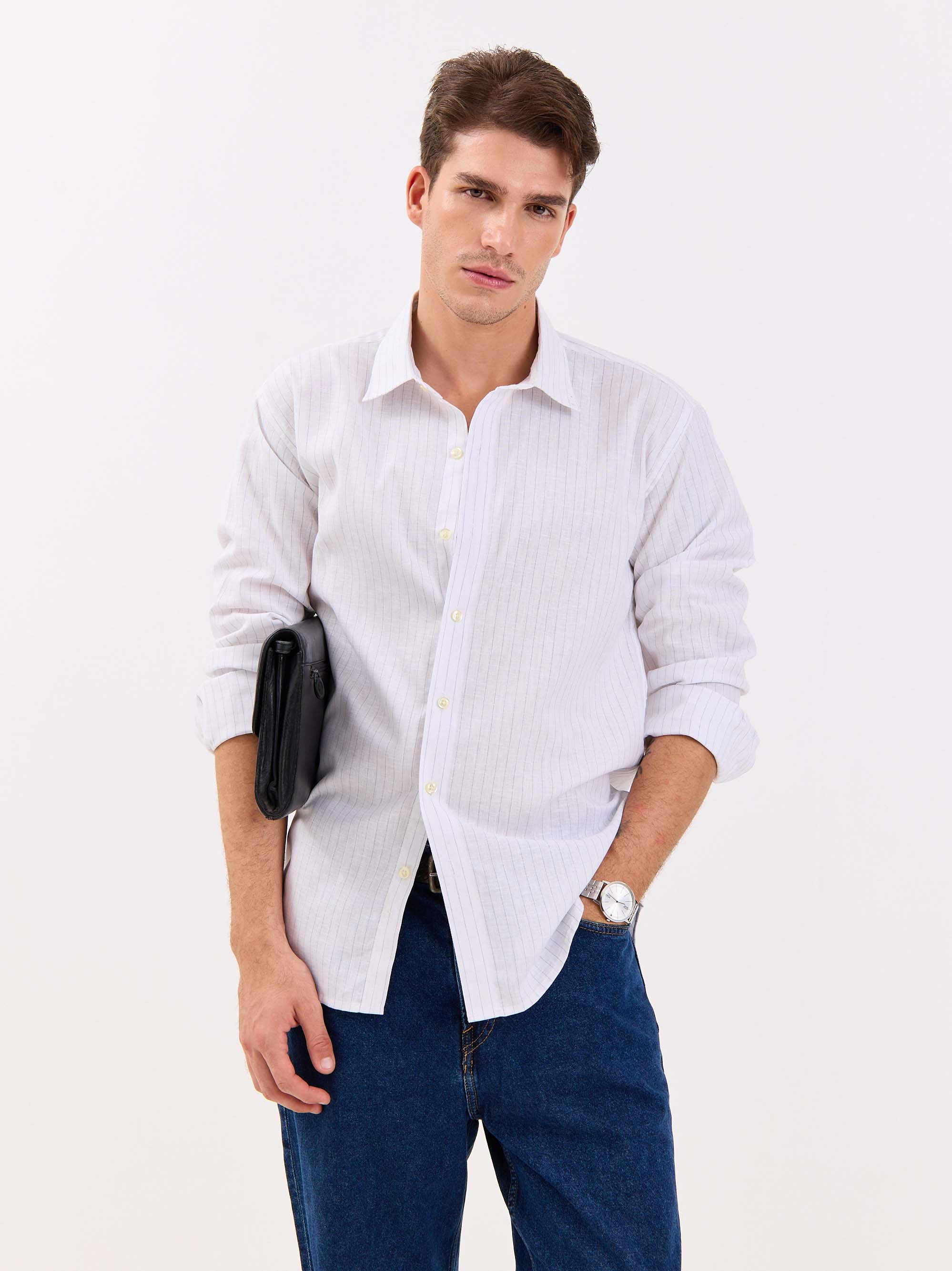 White & Blue Striped Linen-blend Shirt - Image 2