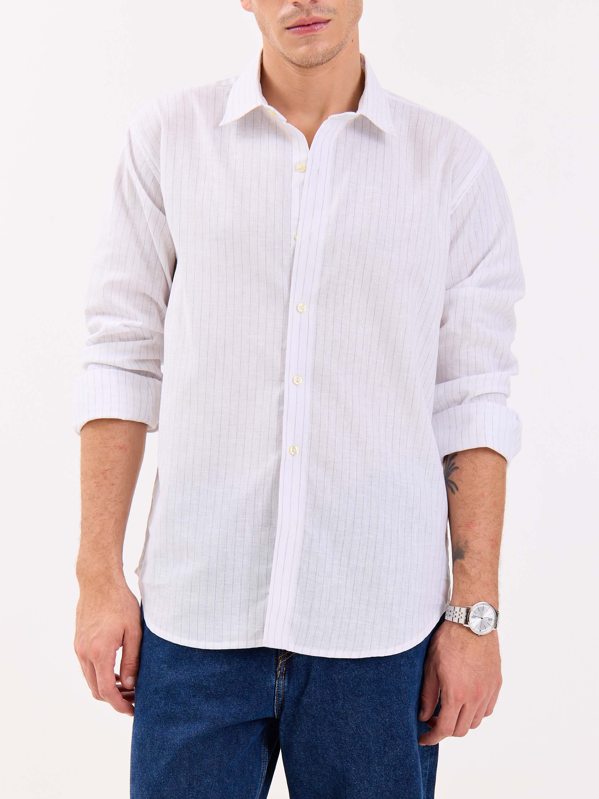 White & Blue Striped Linen-blend Shirt - Image 3